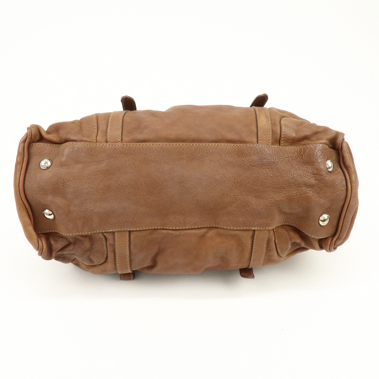 PRADA Triangle Logo Leather Boston Bag Hand Bag Doctor Bag Brown