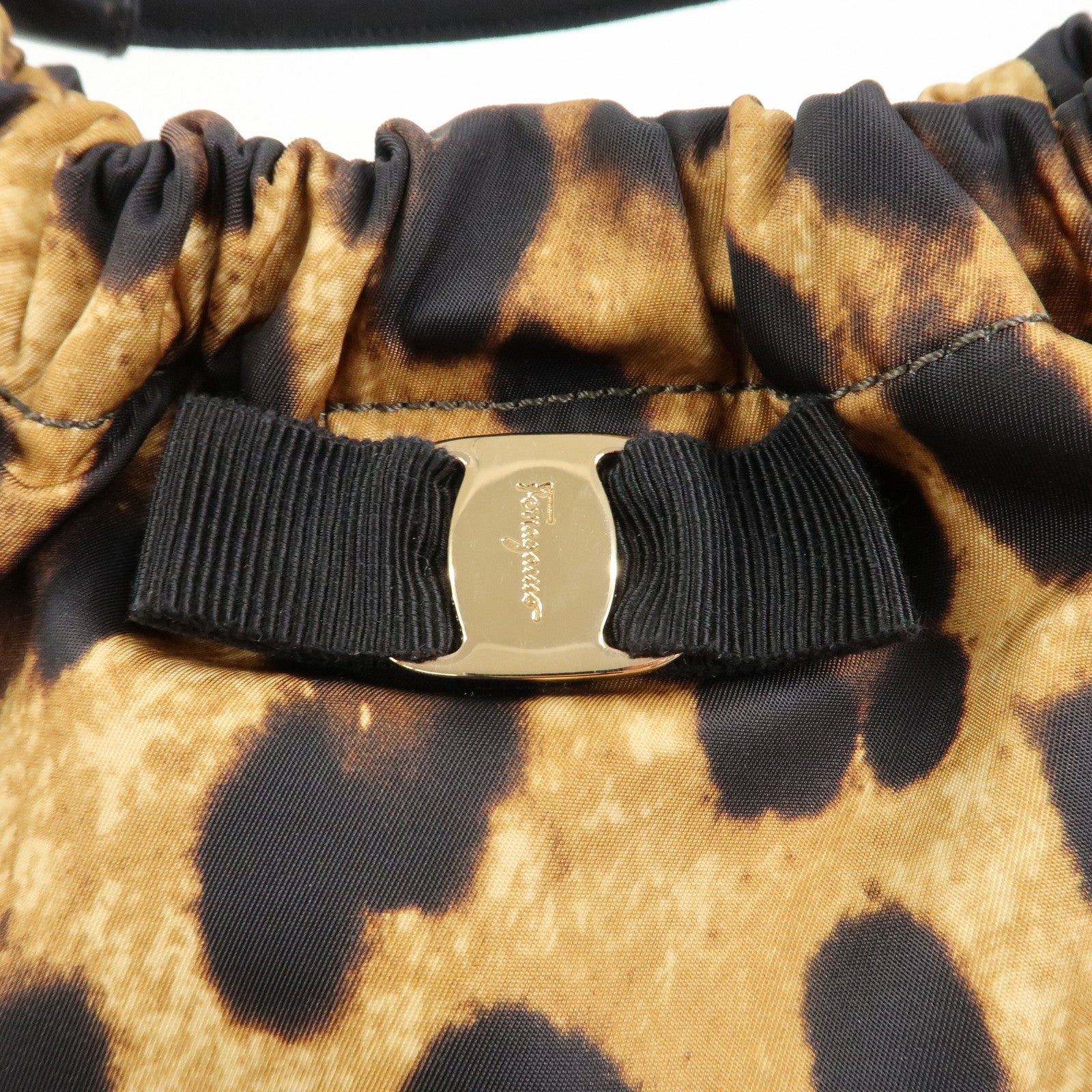 Ferragamo Vara Ribbon Nylon Patent Leather Shoulder Bag Leopard