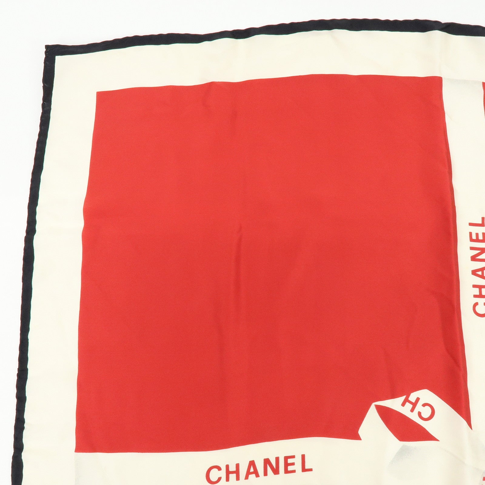 CHANEL Logo Silk 100% Scarf Ribbon Motif Red Ivory Black