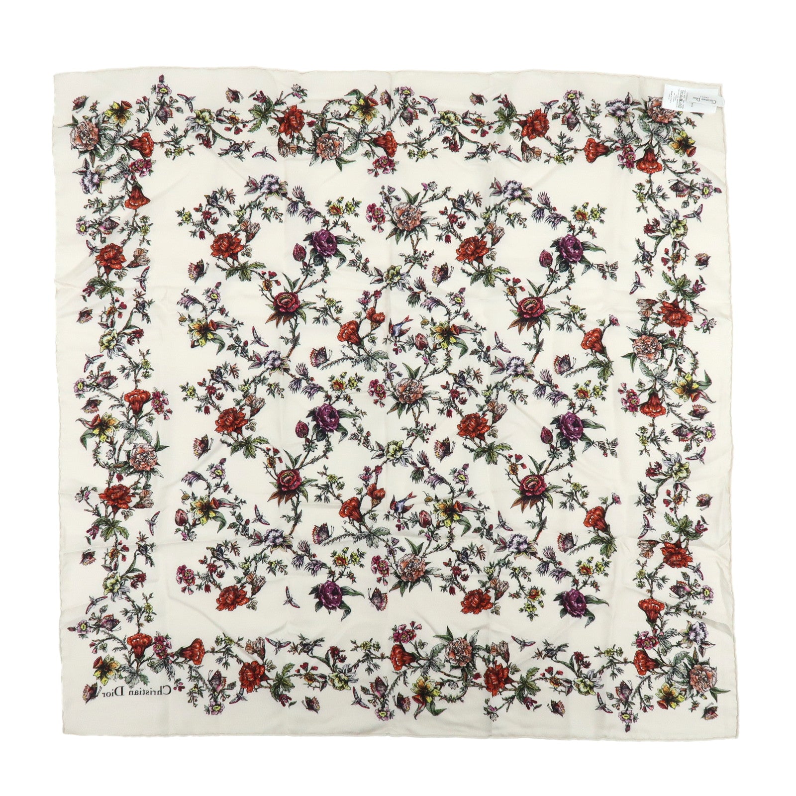 Christian Dior Flower Motif Silk 100% Scarf Ivory Multicolor