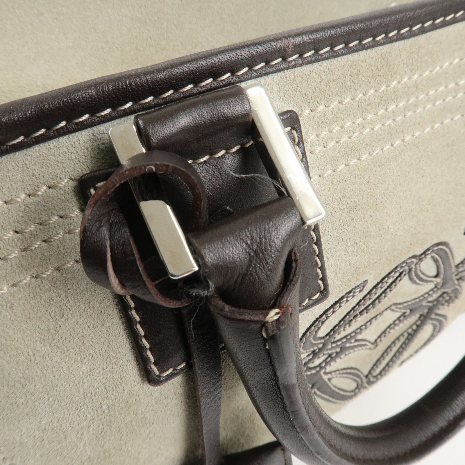 LOEWE Anagram Amazona 28 Suede Leather Hand Bag Ivory Brown Used