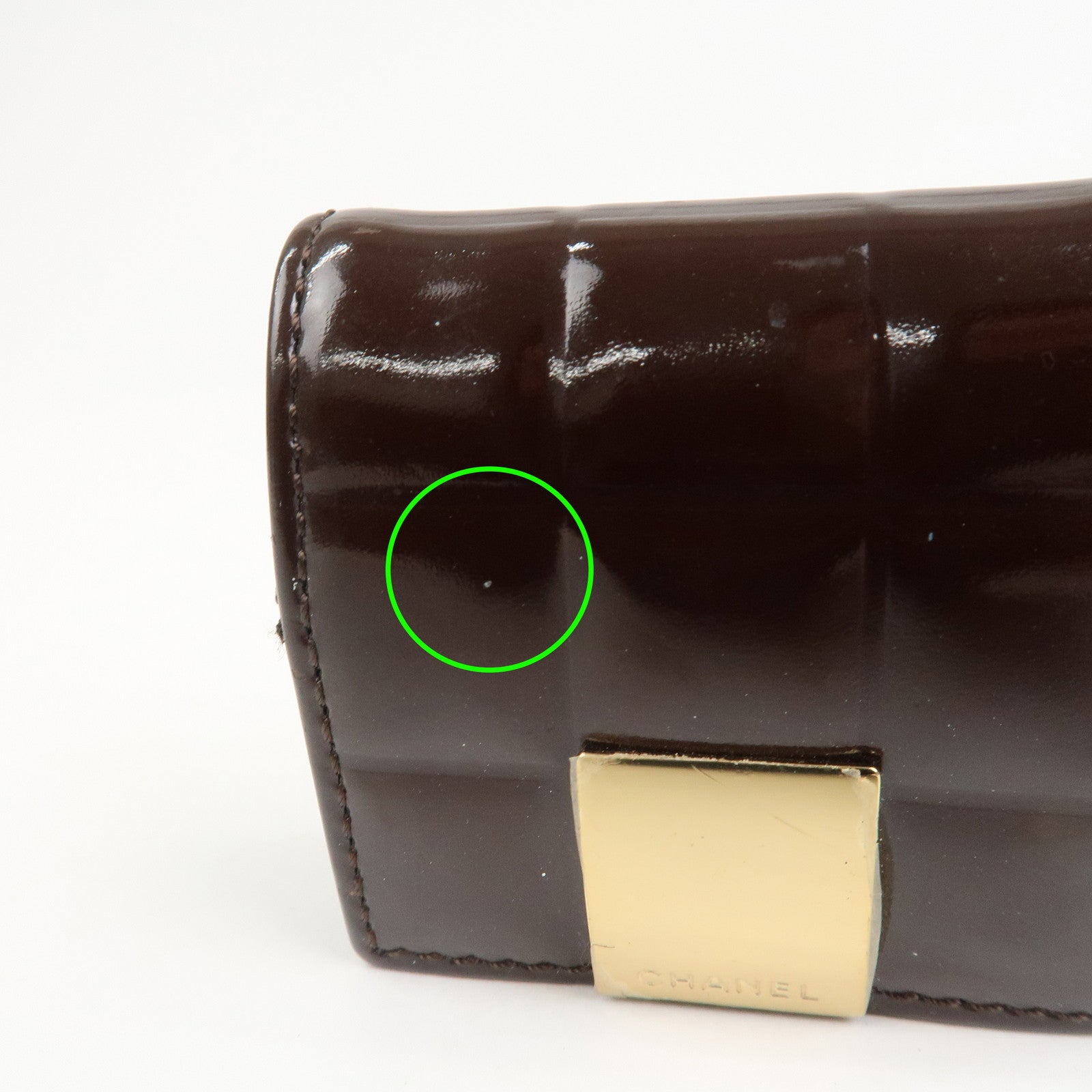 CHANEL Chocolate Bar Patent Leather Coin Case Coin Purse Brown