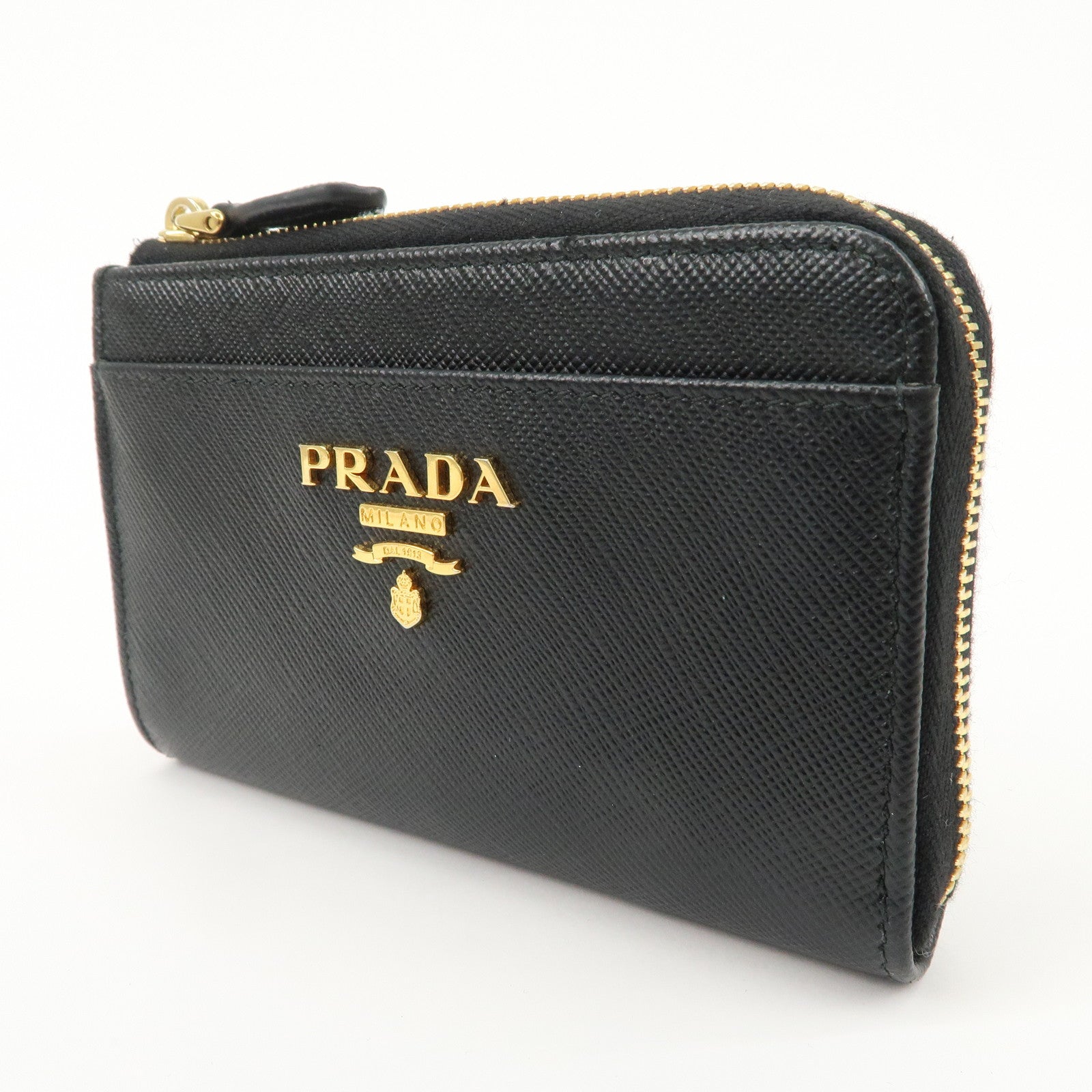 PRADA Triangle Logo Saffiano Leather Mini Wallet Key Ring Black 1PP122 Used