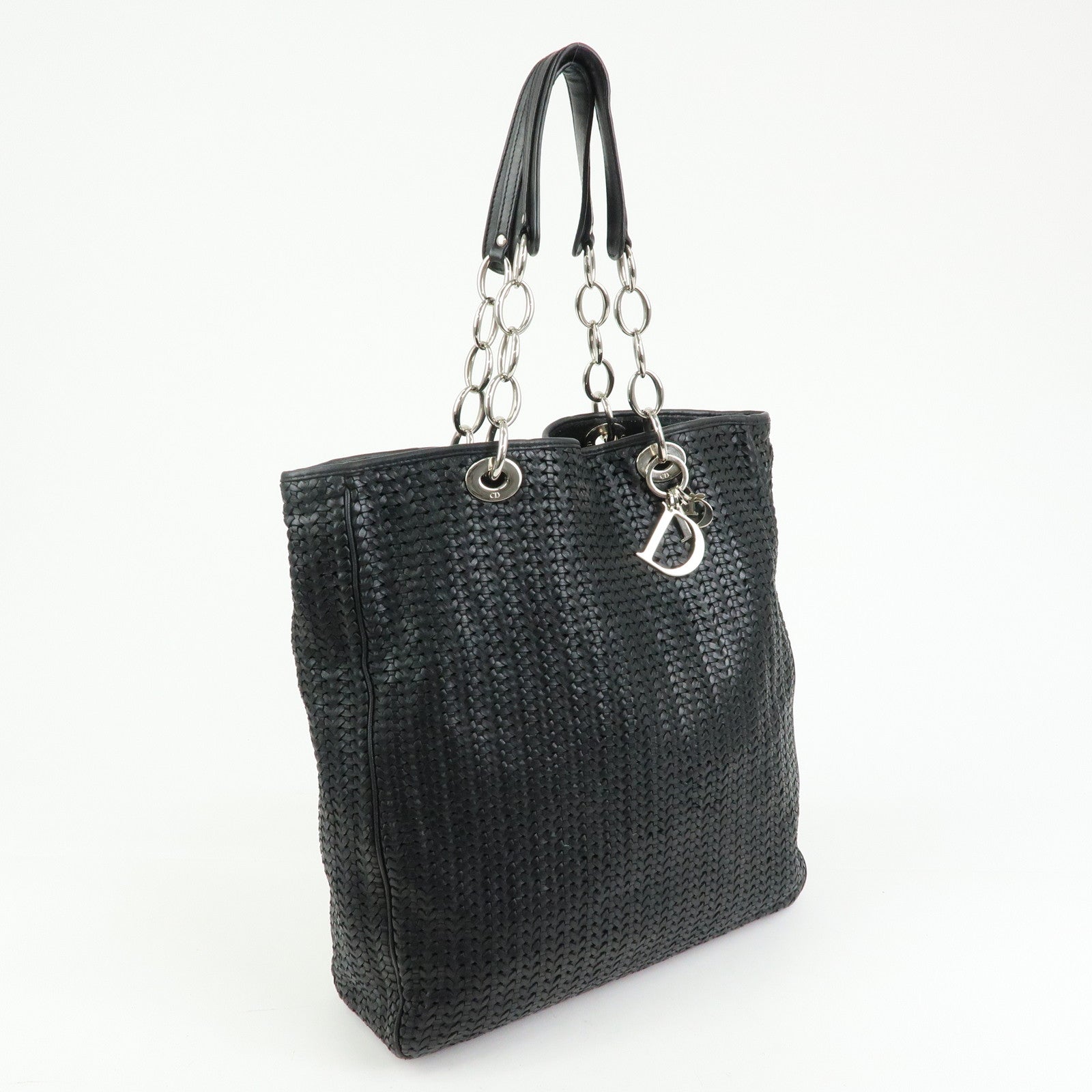 Christian Dior Woven Leather Tote Bag Shoulder Bag Black