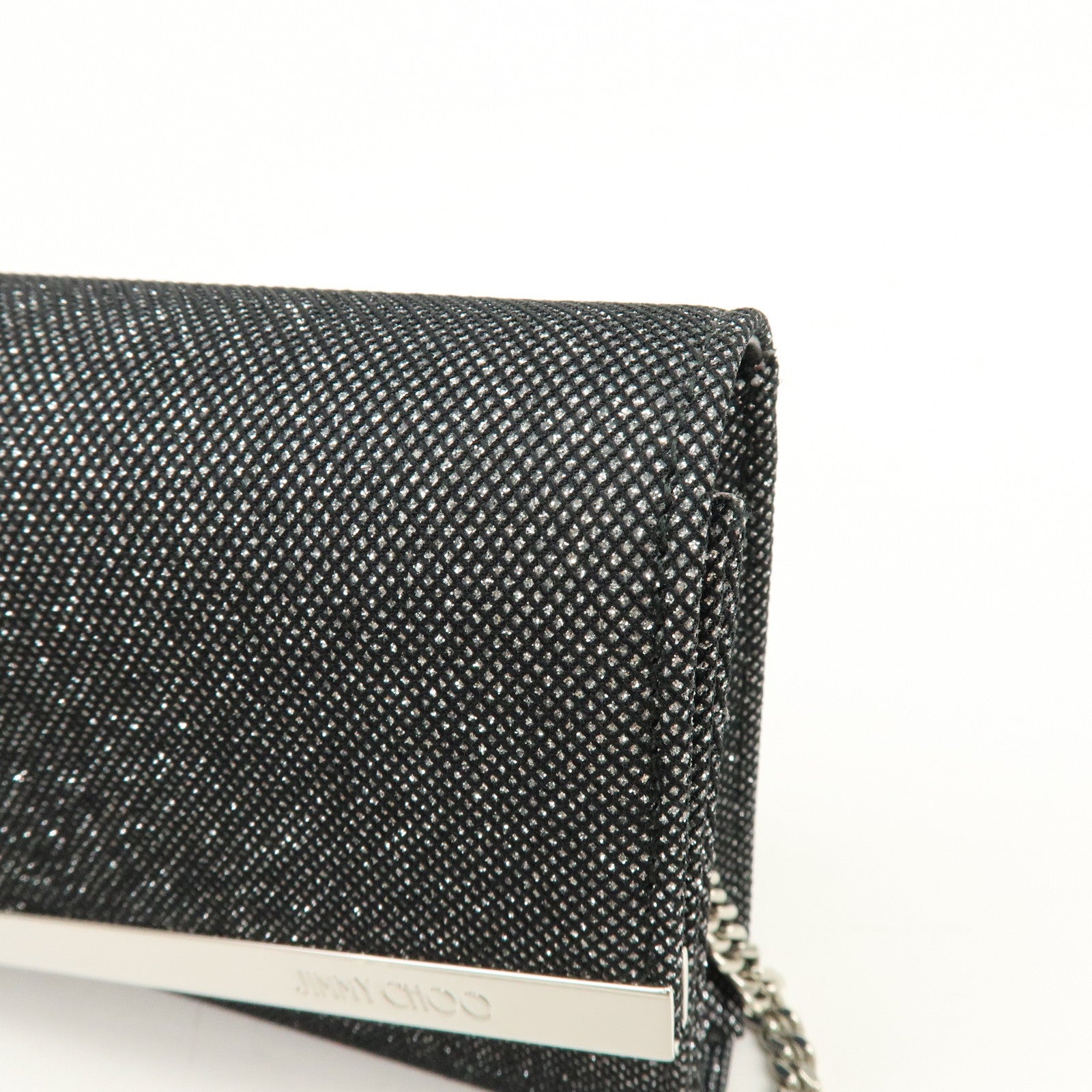 JIMMY CHOO Emmie Canvas Leather Chain Shoulder Bag Silver Black