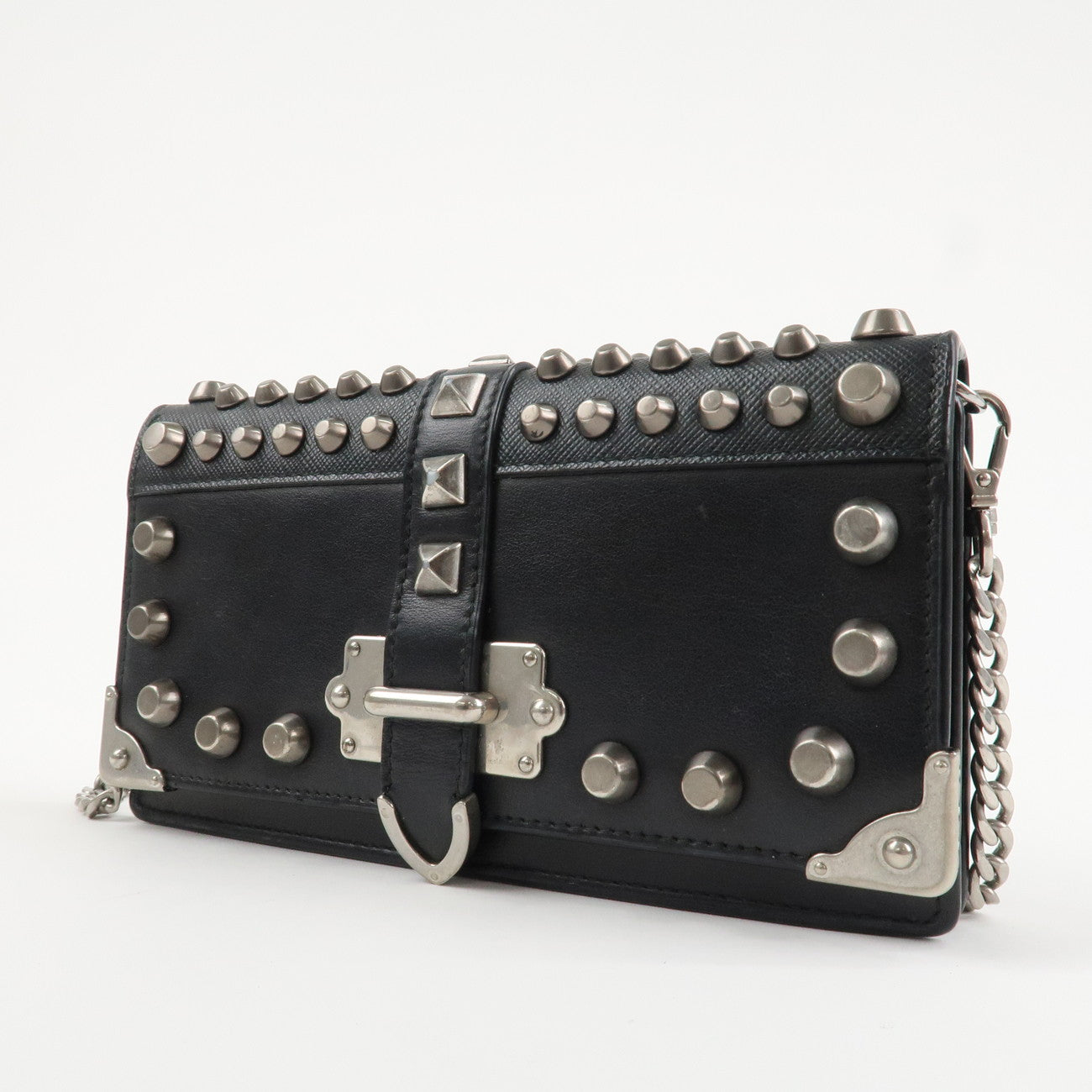 PRADA Leather Studs Chain Wallet Chain Bag Black Used