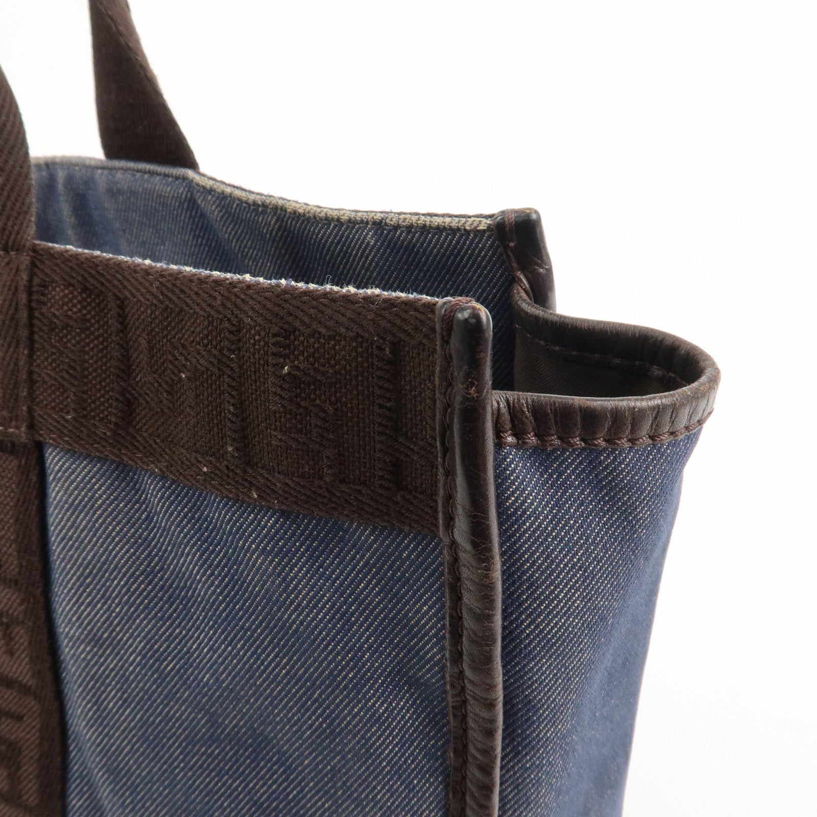 FENDI Denim Tote Bag Shoulder Bag Navy Brown 8BH165