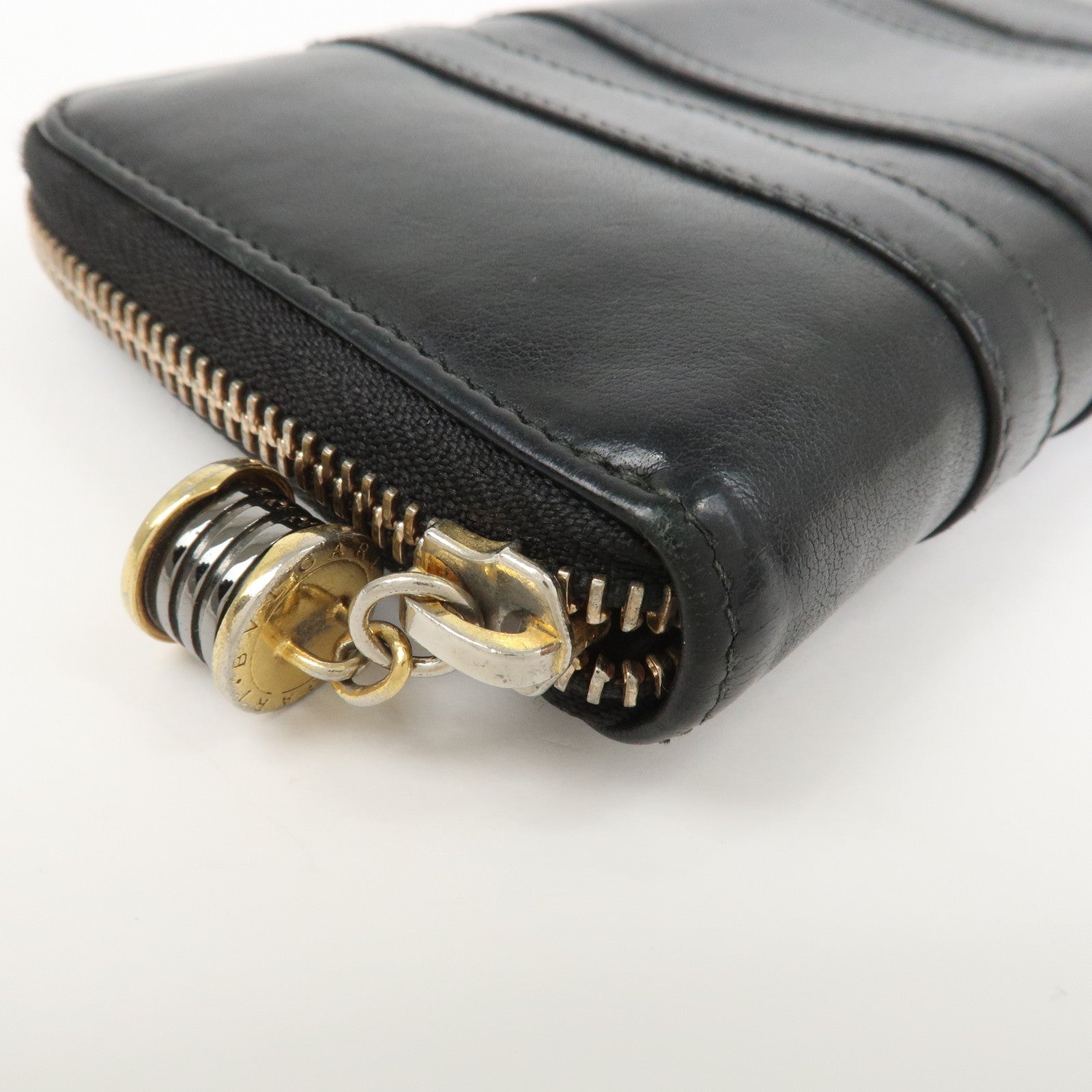 BVLGARI B-zero 1 Leather Zip Around Bi-fold Long Wallet Black