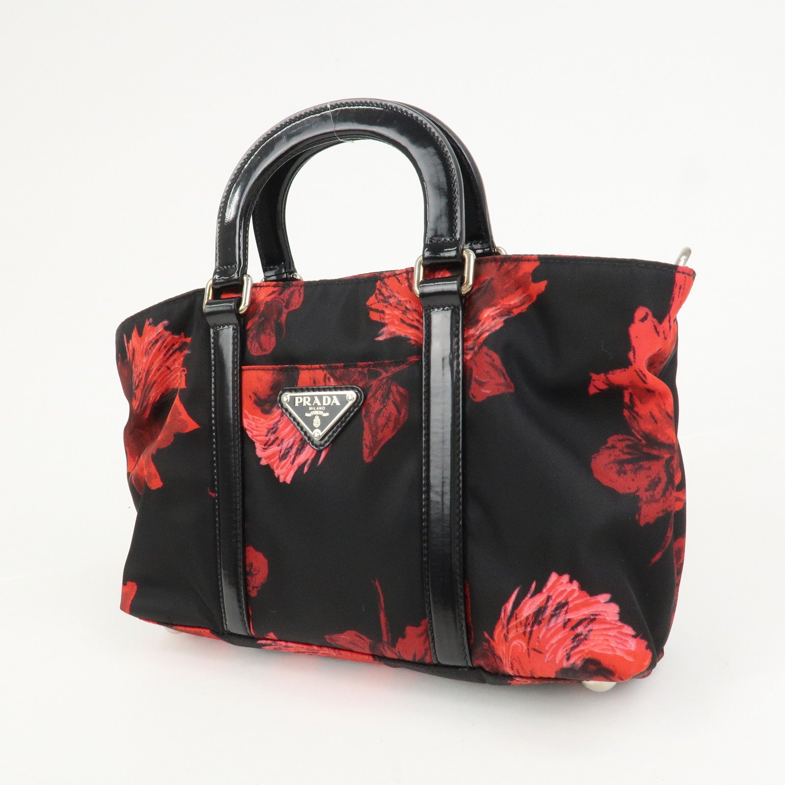 PRADA Triangle Logo Nylon Leather 2Way Tote Bag Hand Bag BN1066