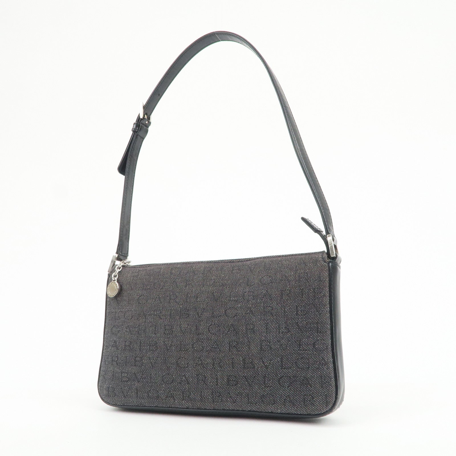 BVLGARI LOGO Mania Canvas Leather Shoulder Bag Hand Bag Black