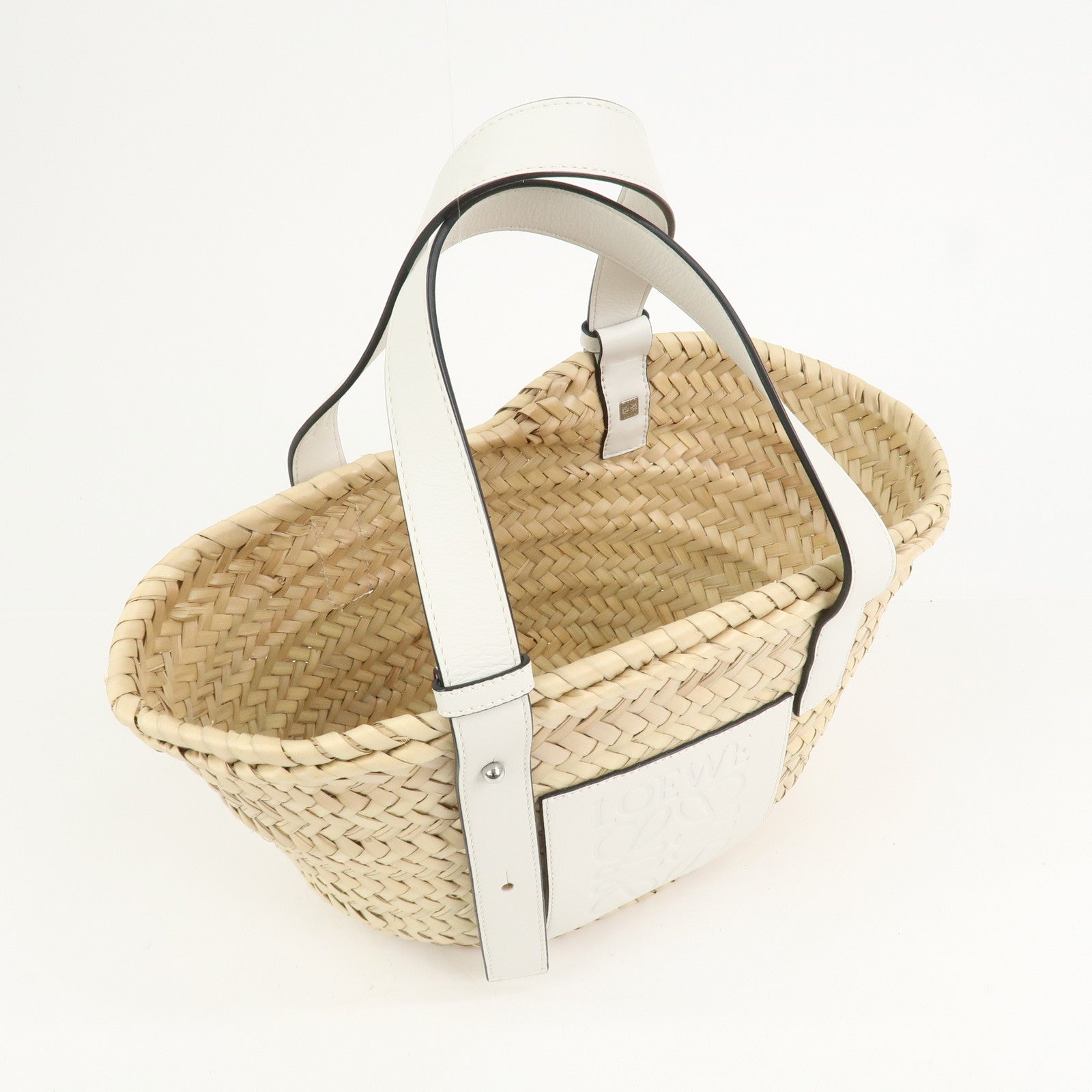 LOEWE Anagram Raffia Leather Small Basket Bag Hand Bag Natural