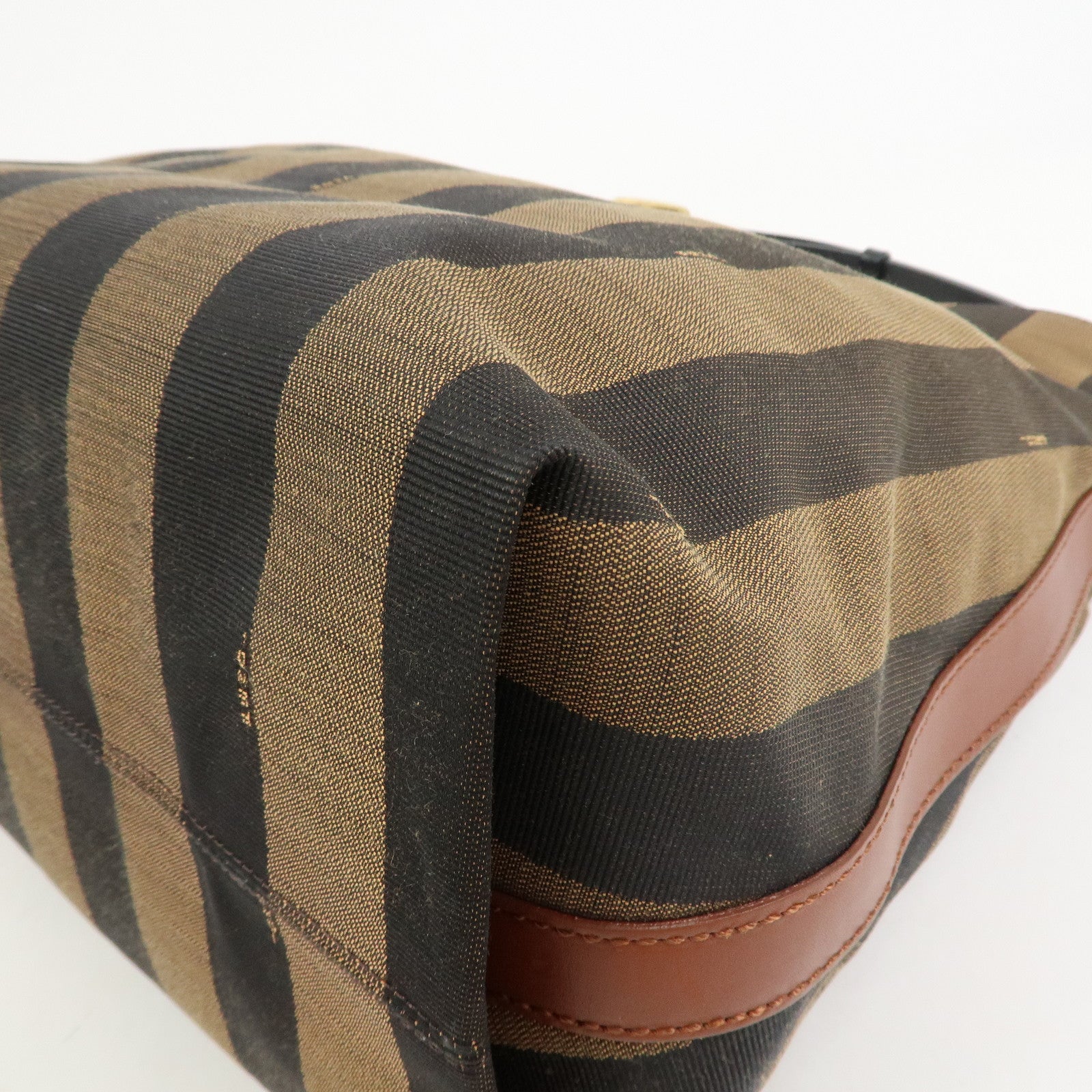 FENDI Pequin Canvas Leather Shoulder Bag Hand Bag Brown 8BR653