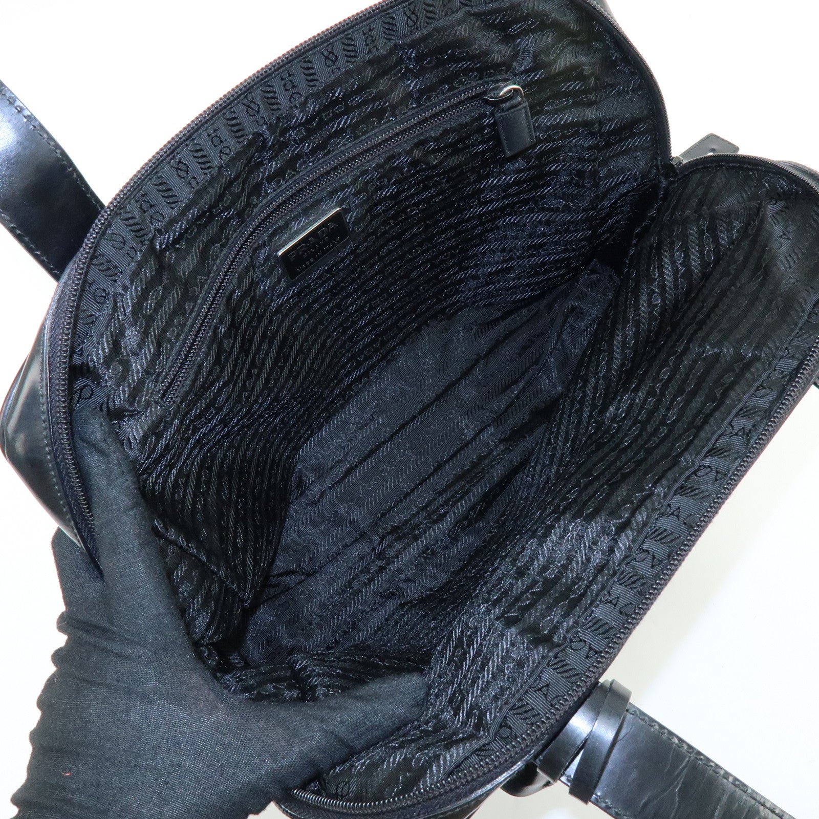 PRADA Triangle Logo Nylon Leather Shoulder Bag Tote Bag Black