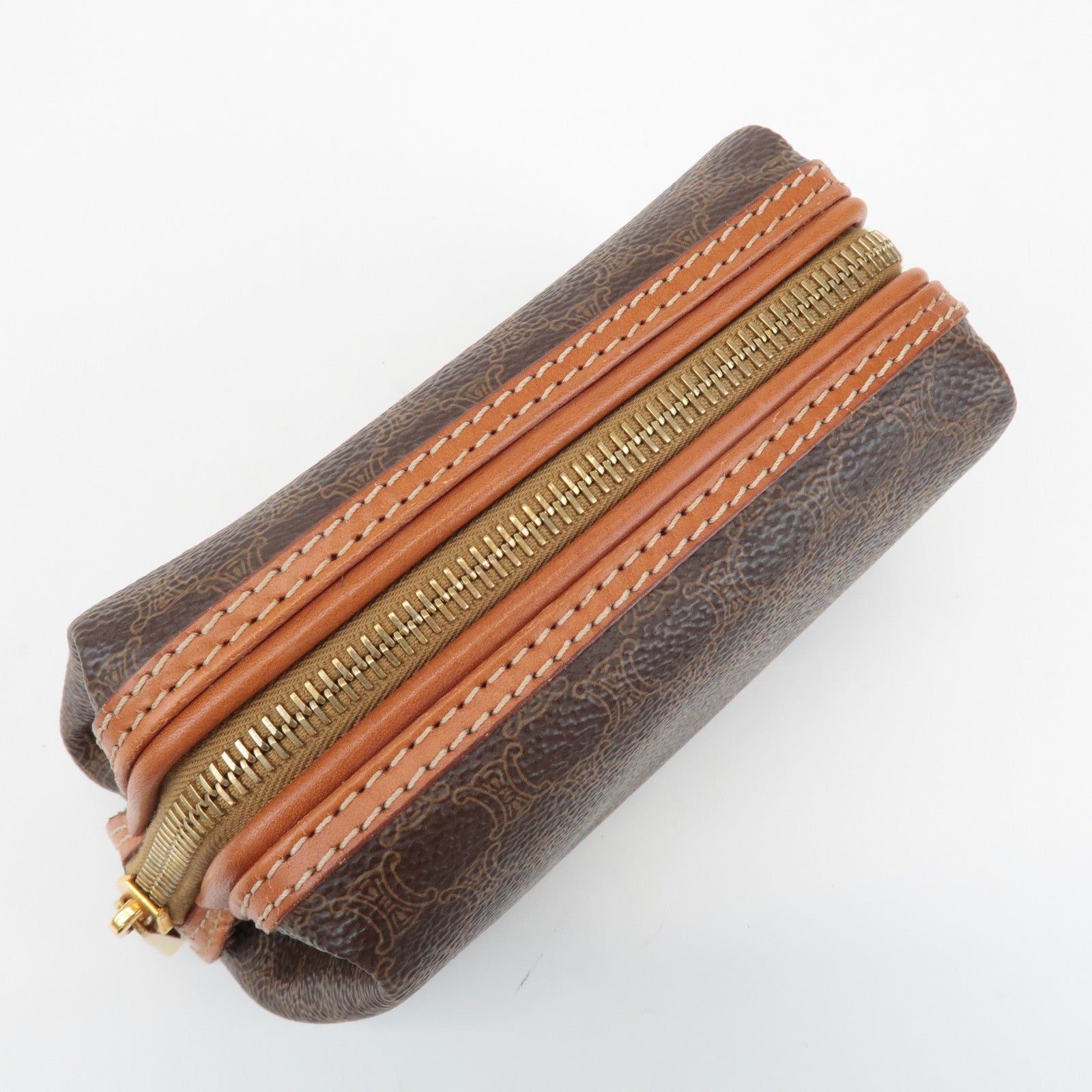 CELINE Macadam PVC Leather Canvas Pouch Brown Gold Hardware