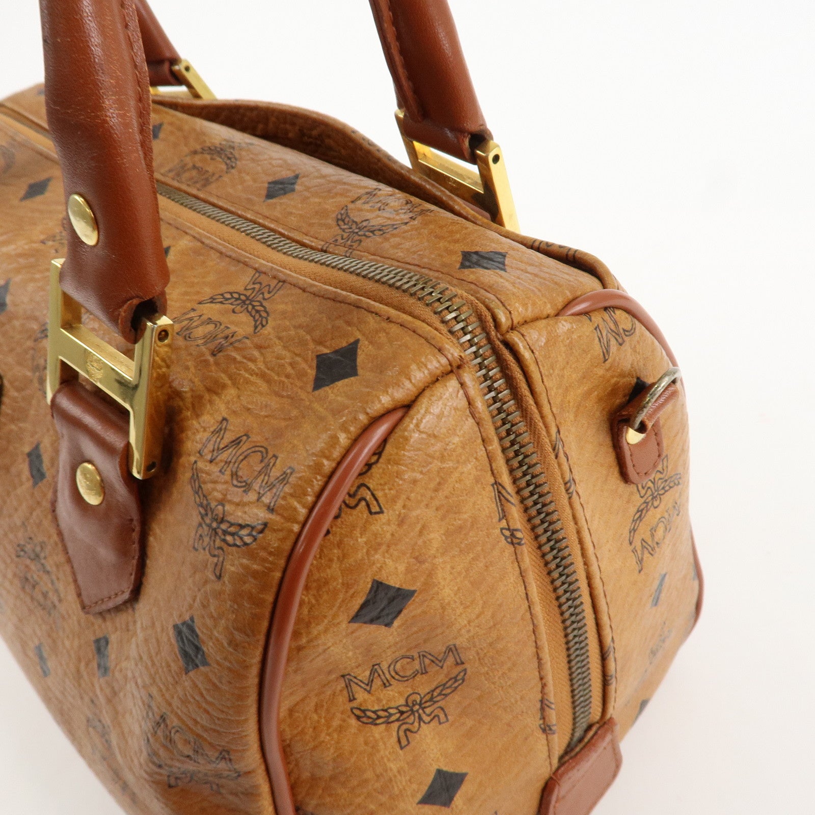 MCM Visetos Leather Boston Bag Hand Bag Brown Gold Hardware Used