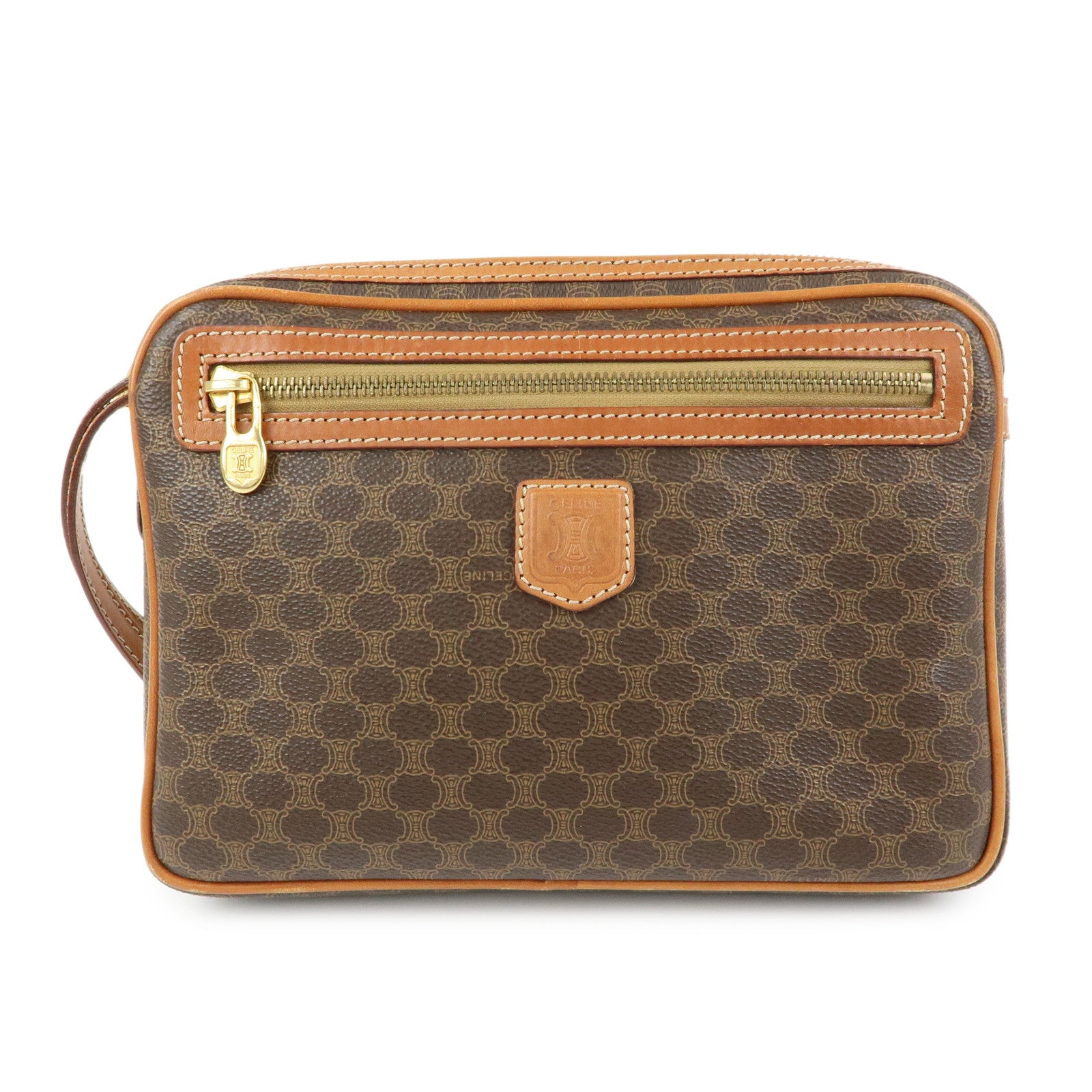 CELINE Macadam PVC Coated Canvas Leather Clutch Bag Pouch Brown