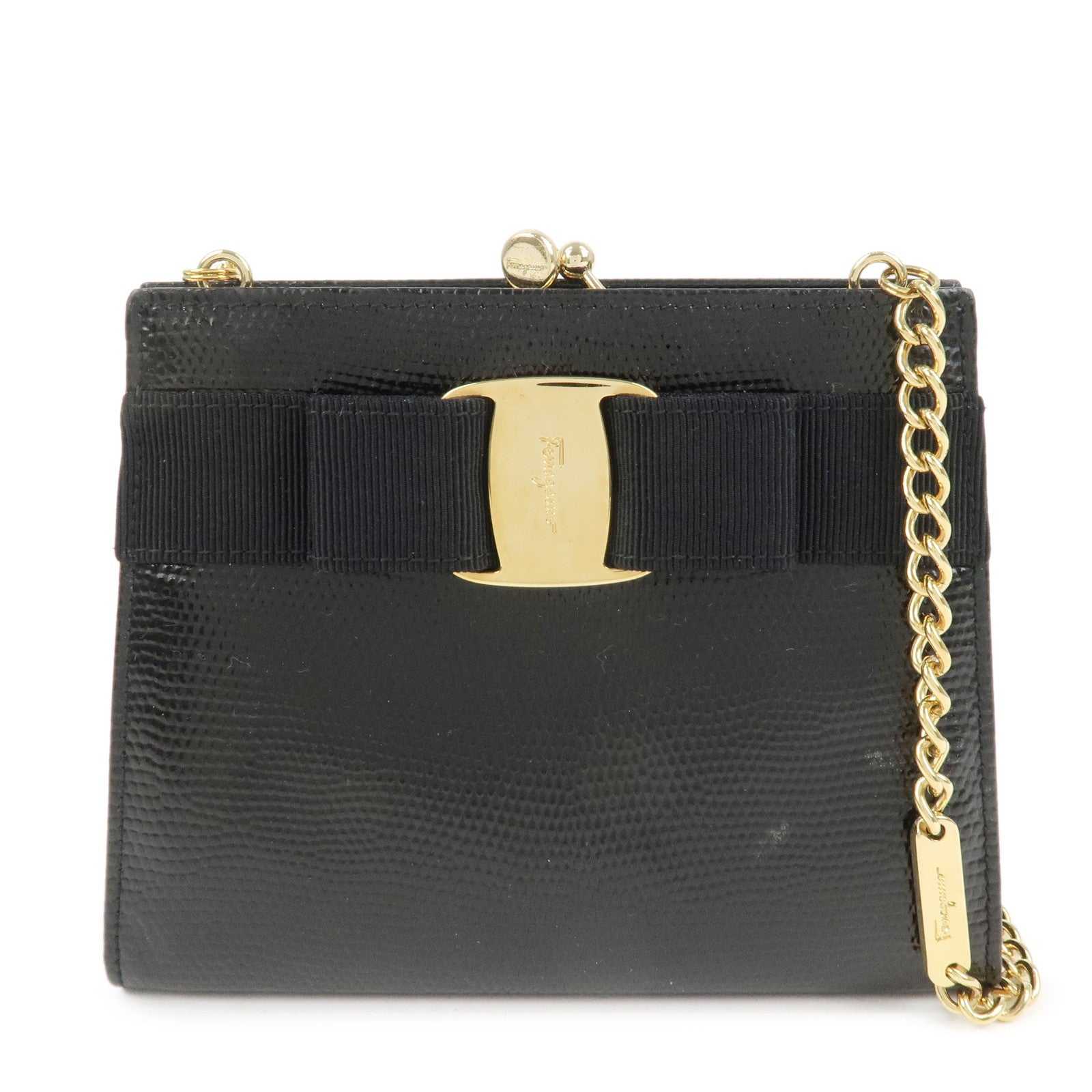 Ferragamo Vara Ribbon Embossed Leather Chain Shoulder Bag Black