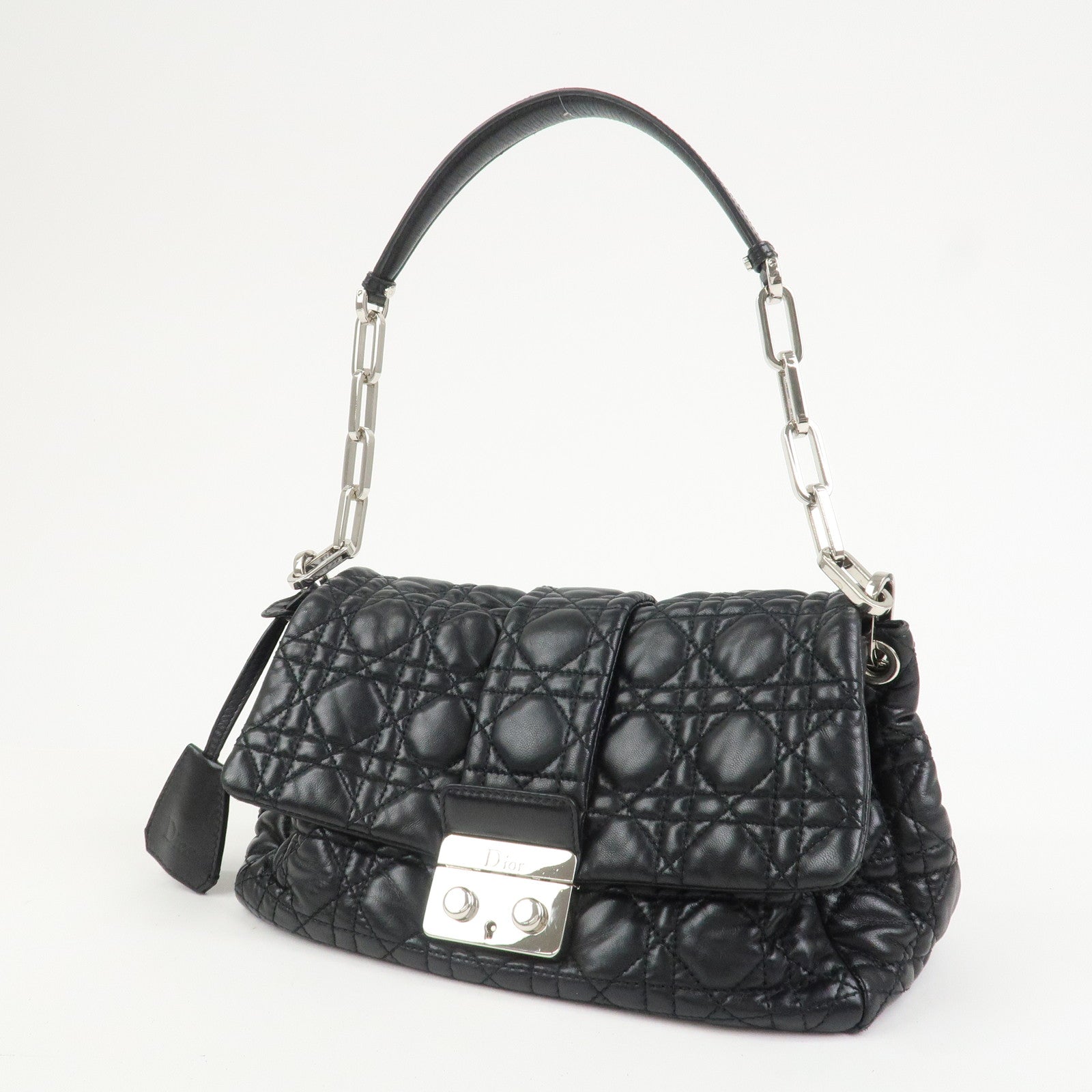 Christian Dior Cannage New Lock Leather Chain Shoulder Bag Black