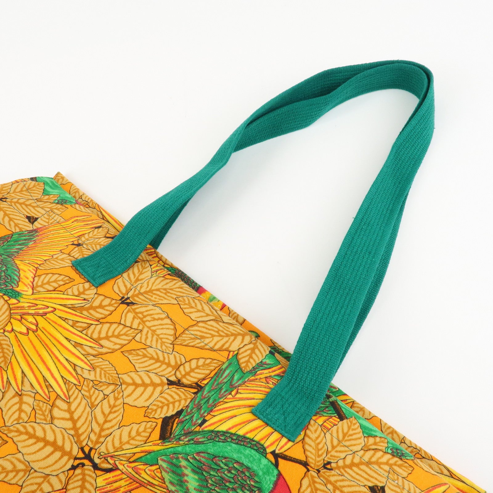 HERMES Cotton Canvas Tote Bag Shoulder Bag Parrot Pattern Orange Green Used