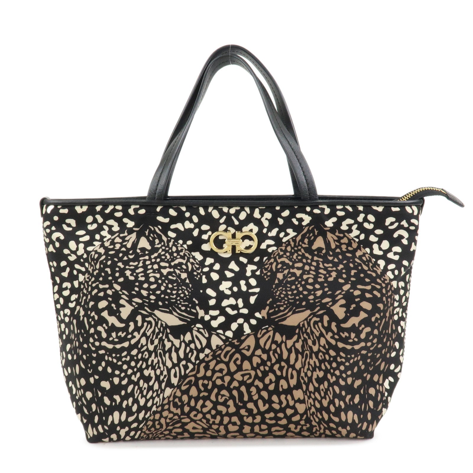 Ferragamo Gancini Nylon Leather Tote Bag Hand Bag Leopard Black