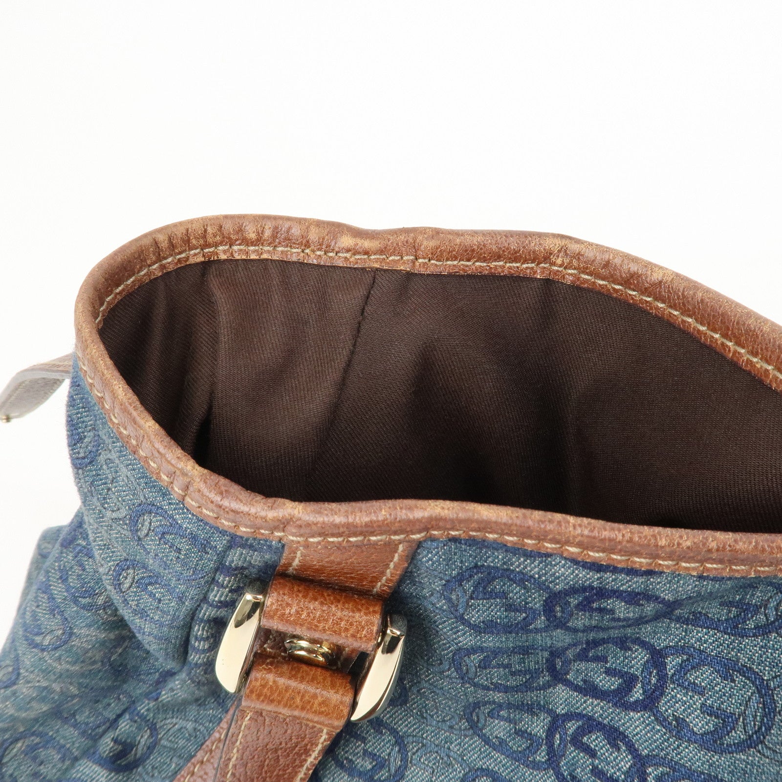 GUCCI Abbey Logo GG Denim Leather Tote Hand Bag Blue Brown 130736