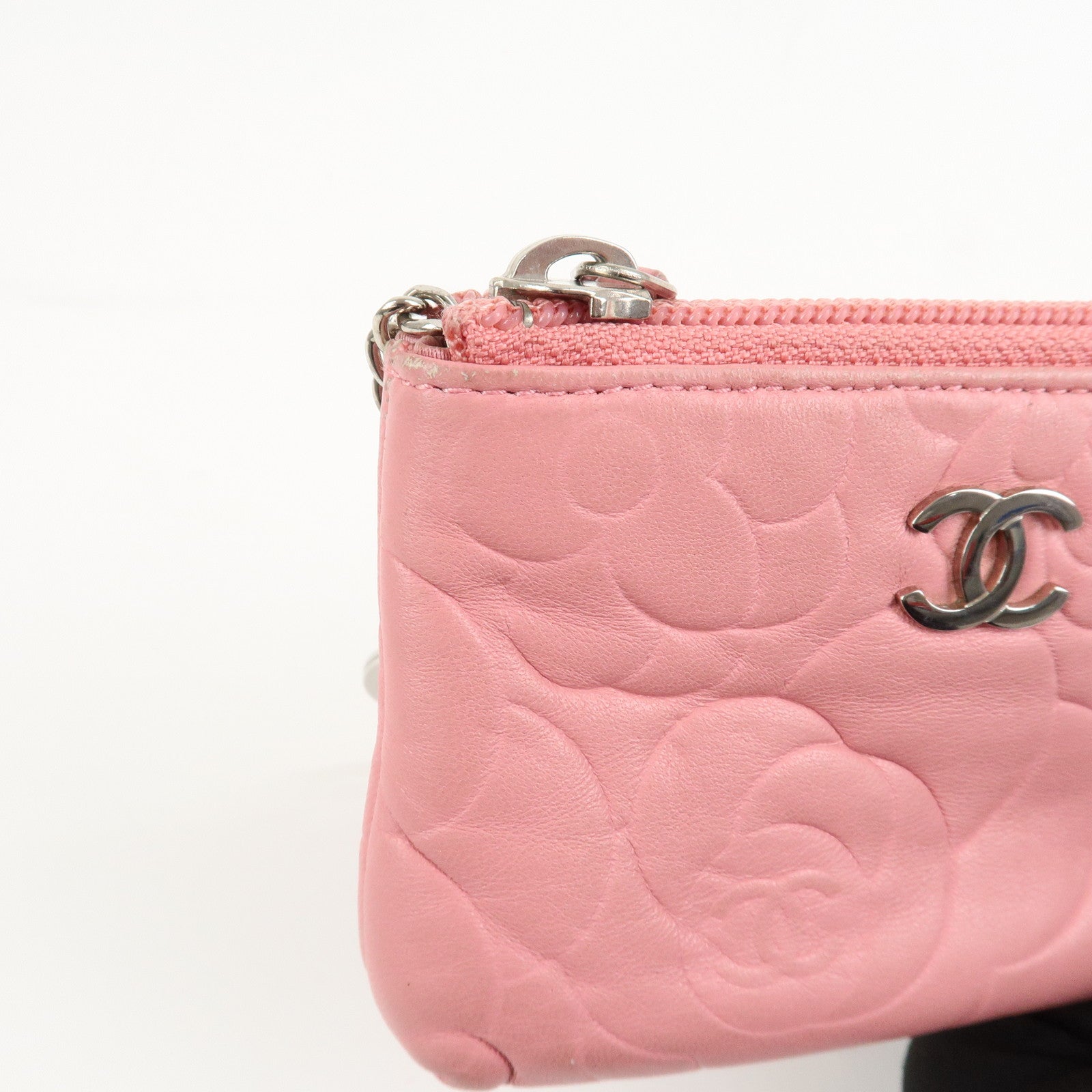CHANEL Camellia Lamb Skin Leather Coin Case Pink