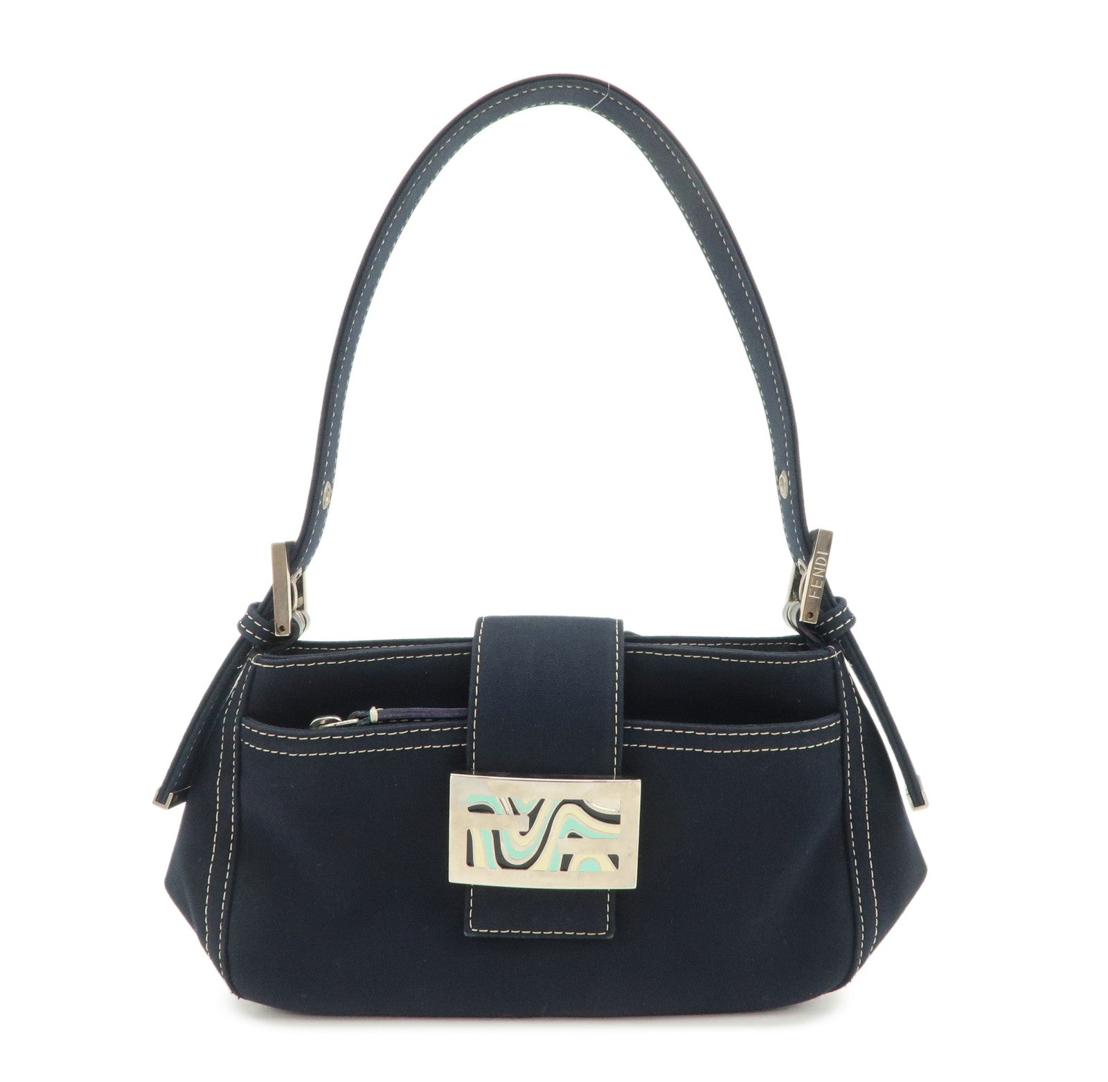 FENDI Logo Canvas Shoulder Bag Hand Bag Dark Navy