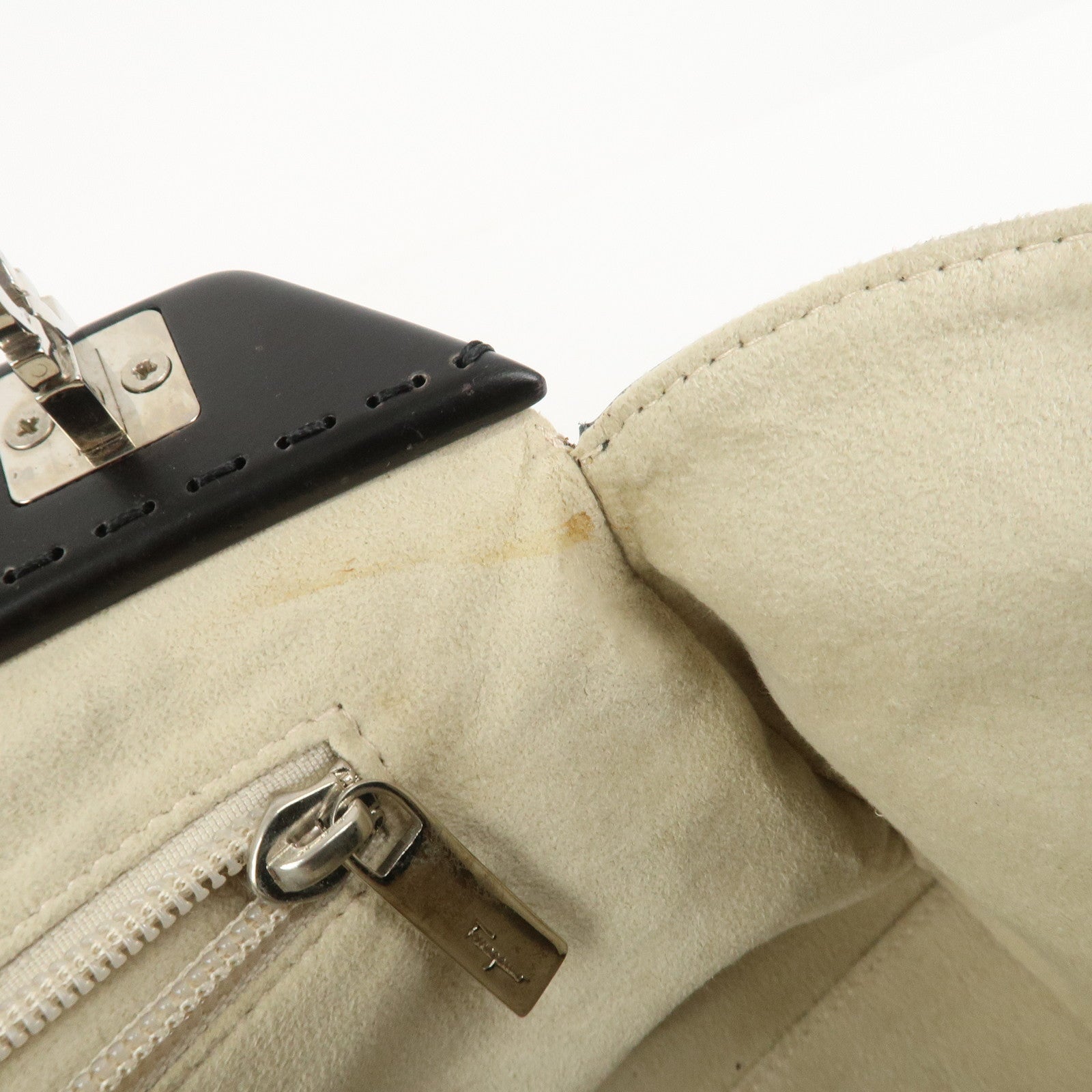 Ferragamo Gancini Leather Wood Shoulder Bag Hand Bag Black