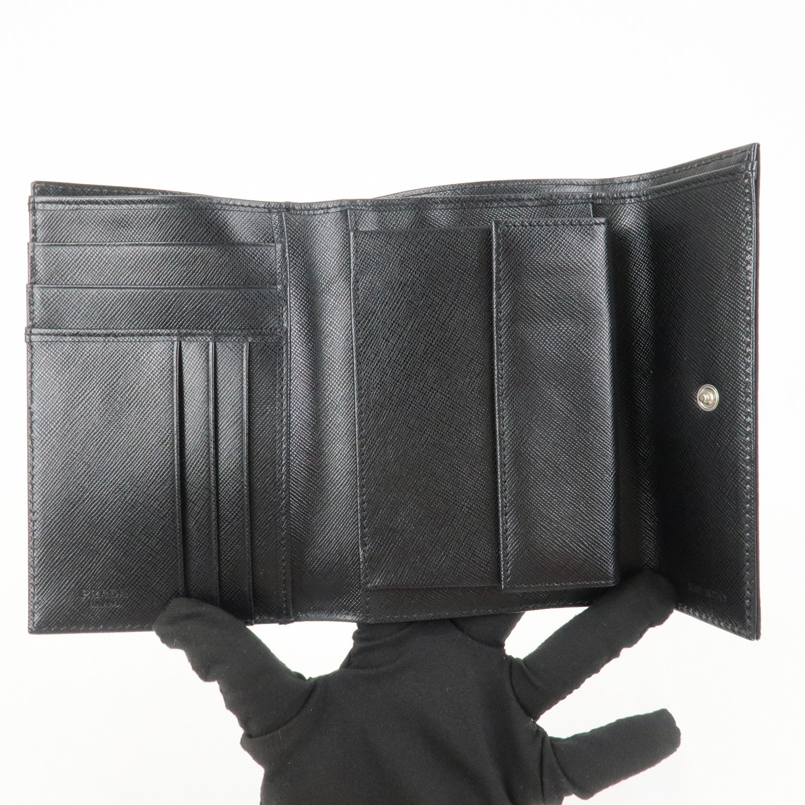 PRADA Triangle Logo Nylon Saffiano Leather Compact Wallet Black