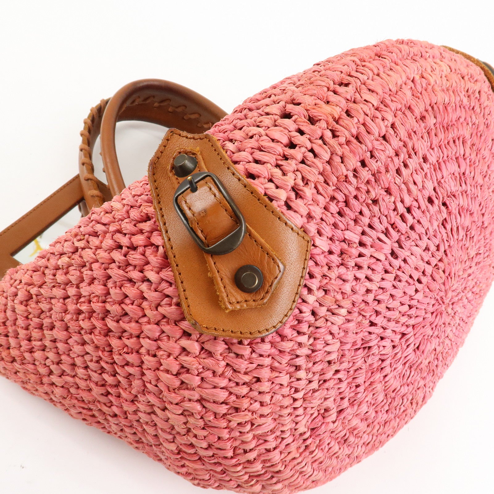 BALENCIAGA Straw Tote Bag Shoulder Bag Brown Pink 236741 Used