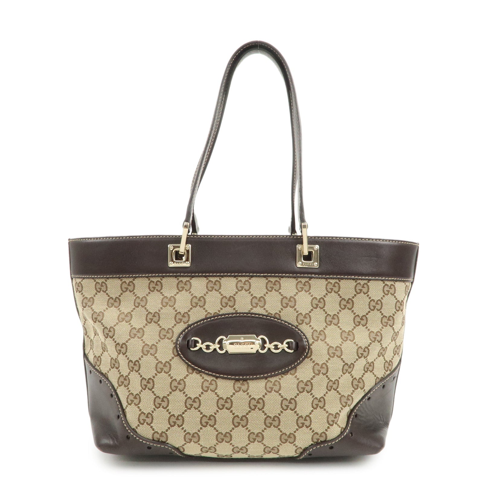 GUCCI GG Canvas Leather Tote Bag Hand Bag Brown Beige 145993