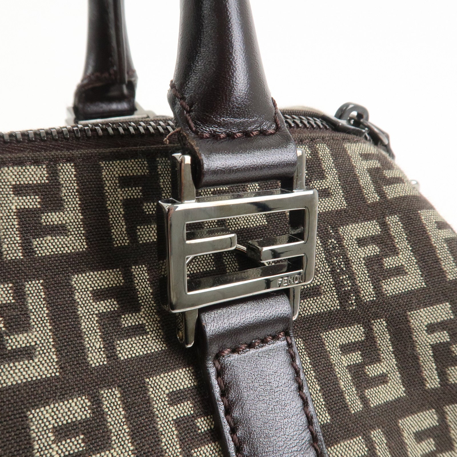 FENDI Zucchino Canvas Leather Hand Bag Boston Bag Brown 8BL068