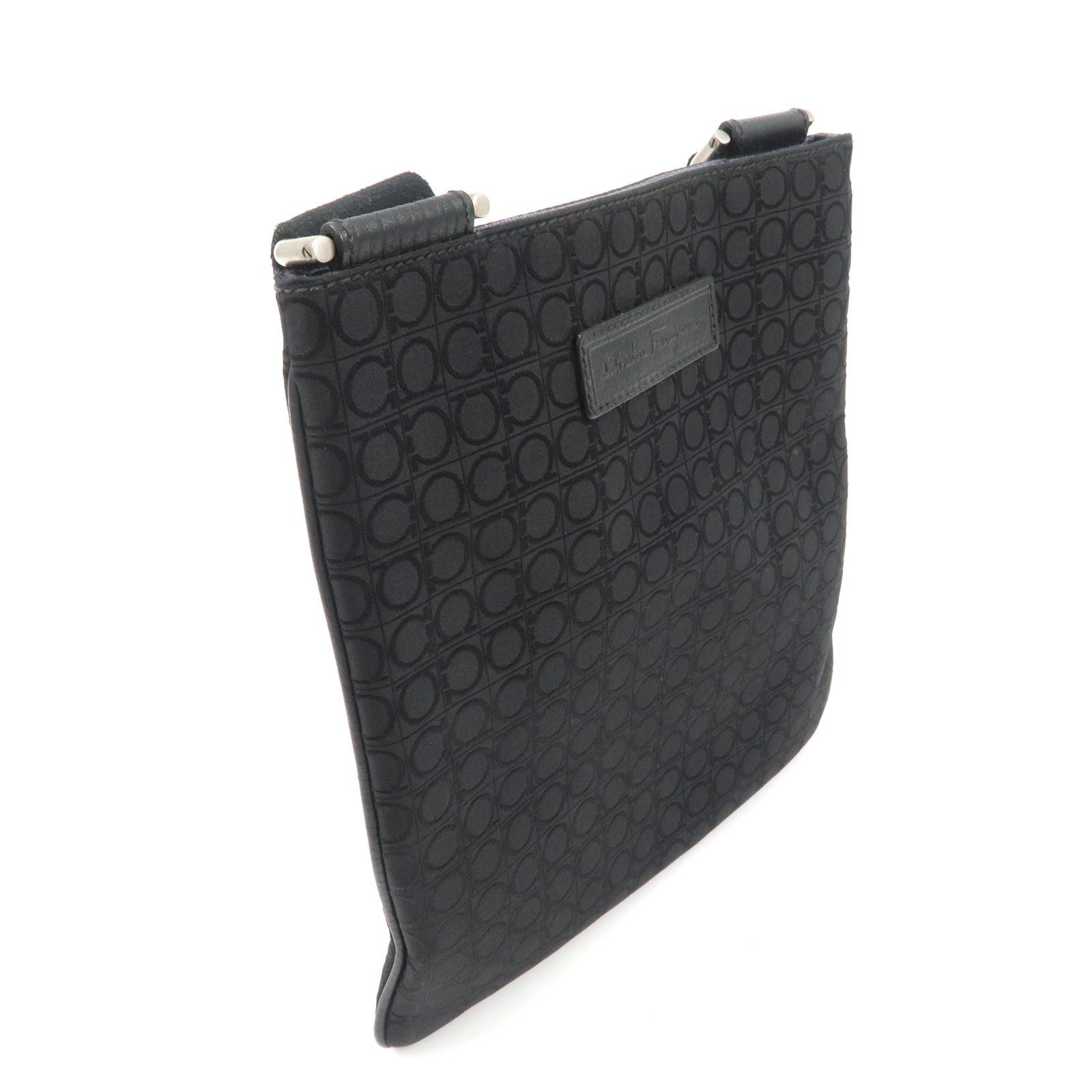 Ferragamo Gancini Canvas Shoulder Bag Black Silver HDW