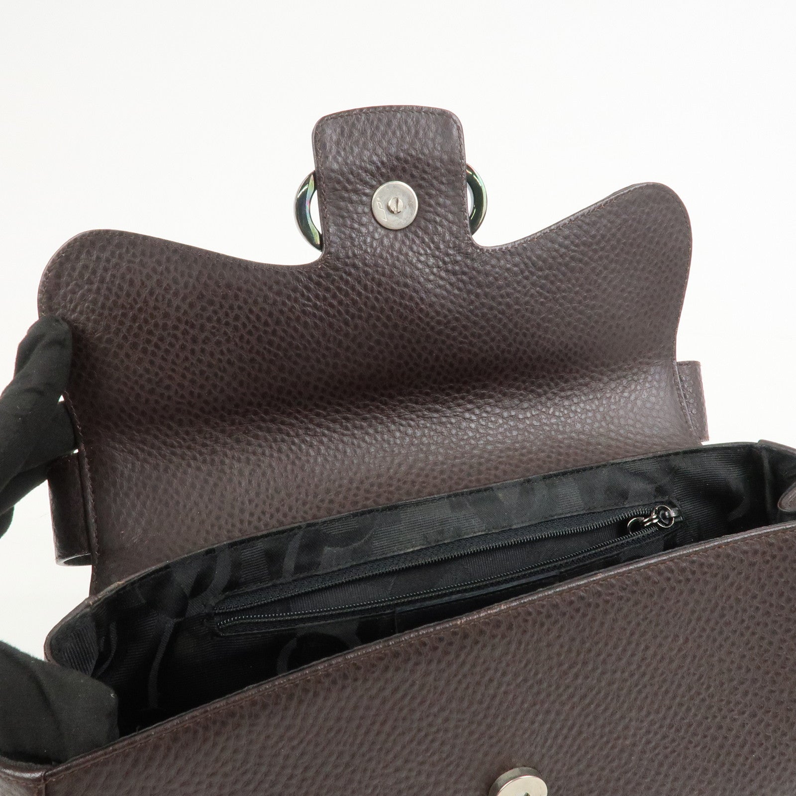 Ferragamo Gancini Logo Leather Shoulder Bag Hand Bag Brown