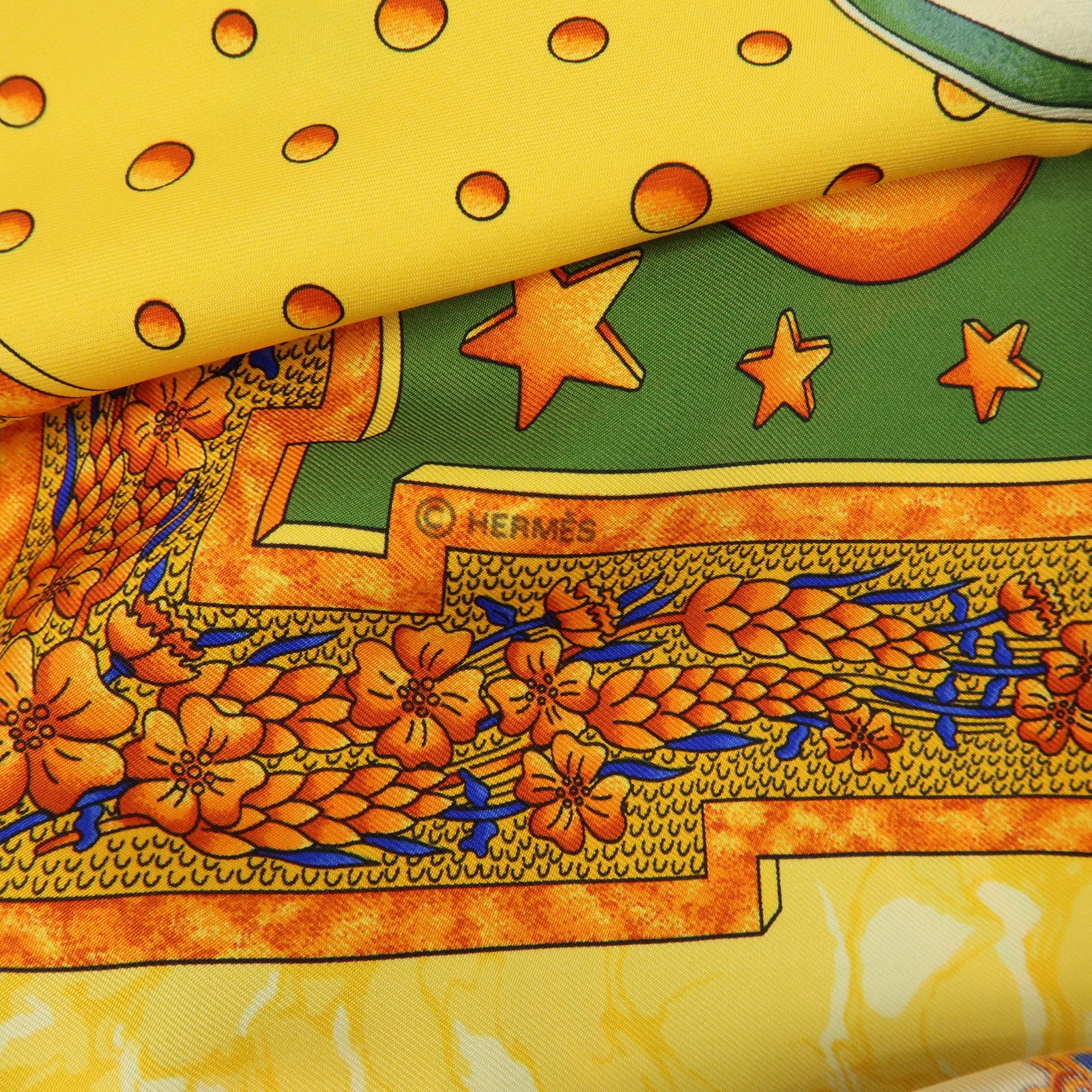 HERMES Carre 90 Silk 100% Scarf GLORIA SOLI Yellow Green Orange