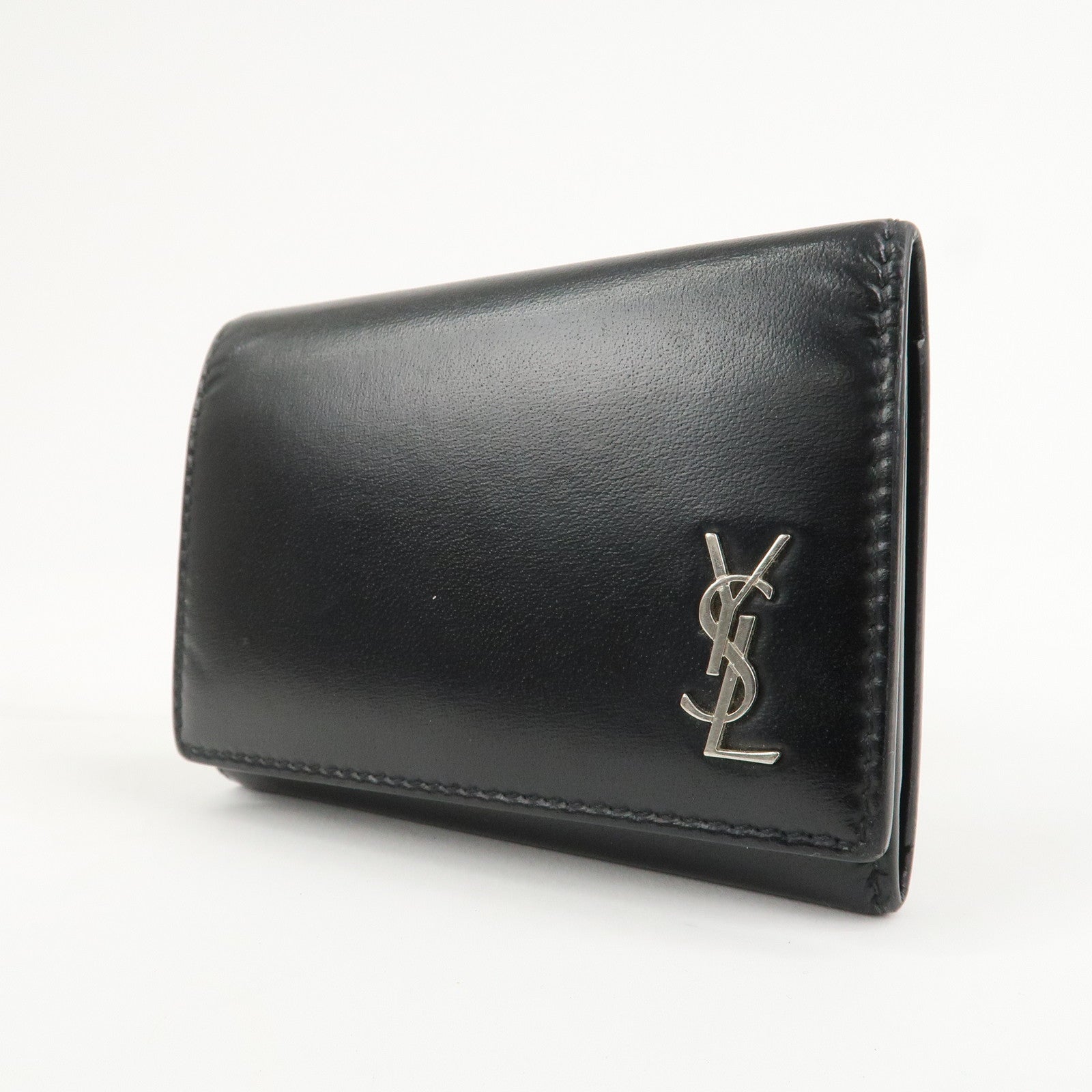 SAINT LAURENT Logo Leather 6 Hook Key Case Black Silver
