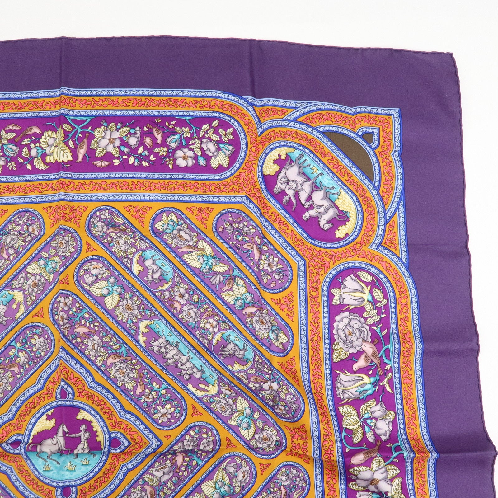 HERMES Carre 90 Silk 100% Scarf QALAMDAN Purple Orange