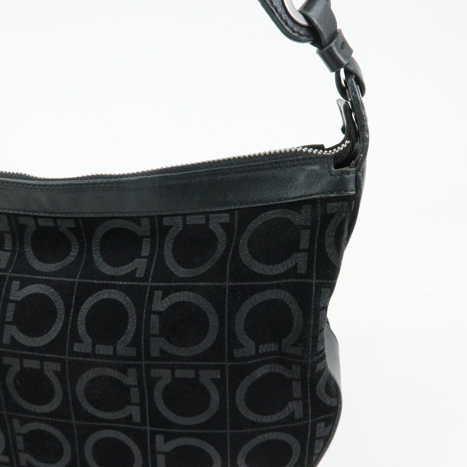 Ferragamo Gancini Suede Leather Shoulder Bag Tote Bag Black