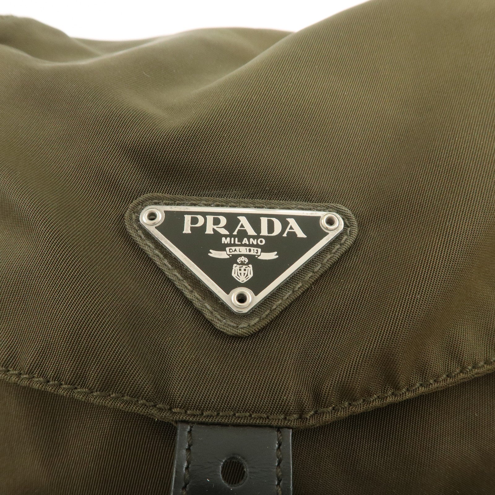 PRADA Triangle Logo Nylon Leather Backpack Ruck Sack Khaki B6677 Used