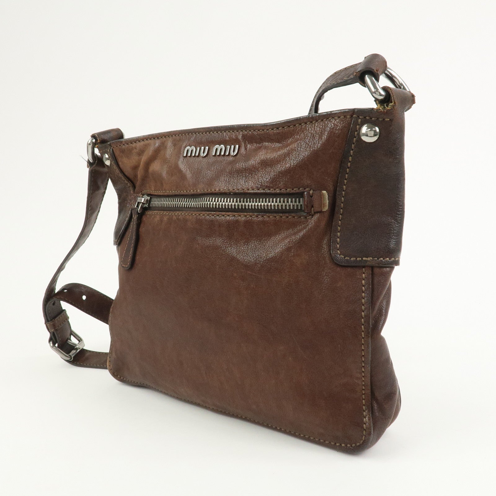 MIU MIU Logo Leather Shoulder Bag Crossbody Bag Brown