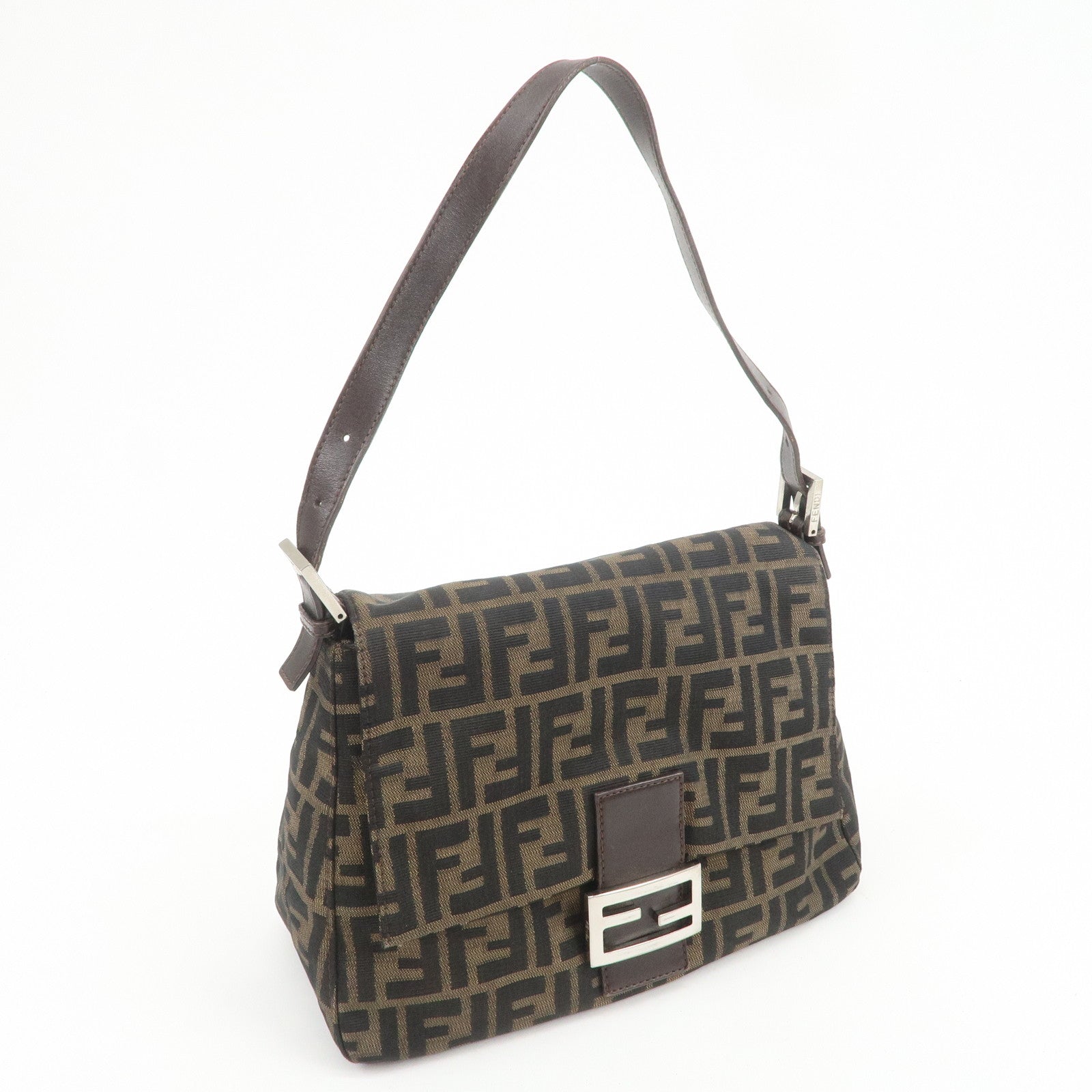 FENDI Mamma Baguette Zucca Canvas Leather Shoulder Bag Brown 26325