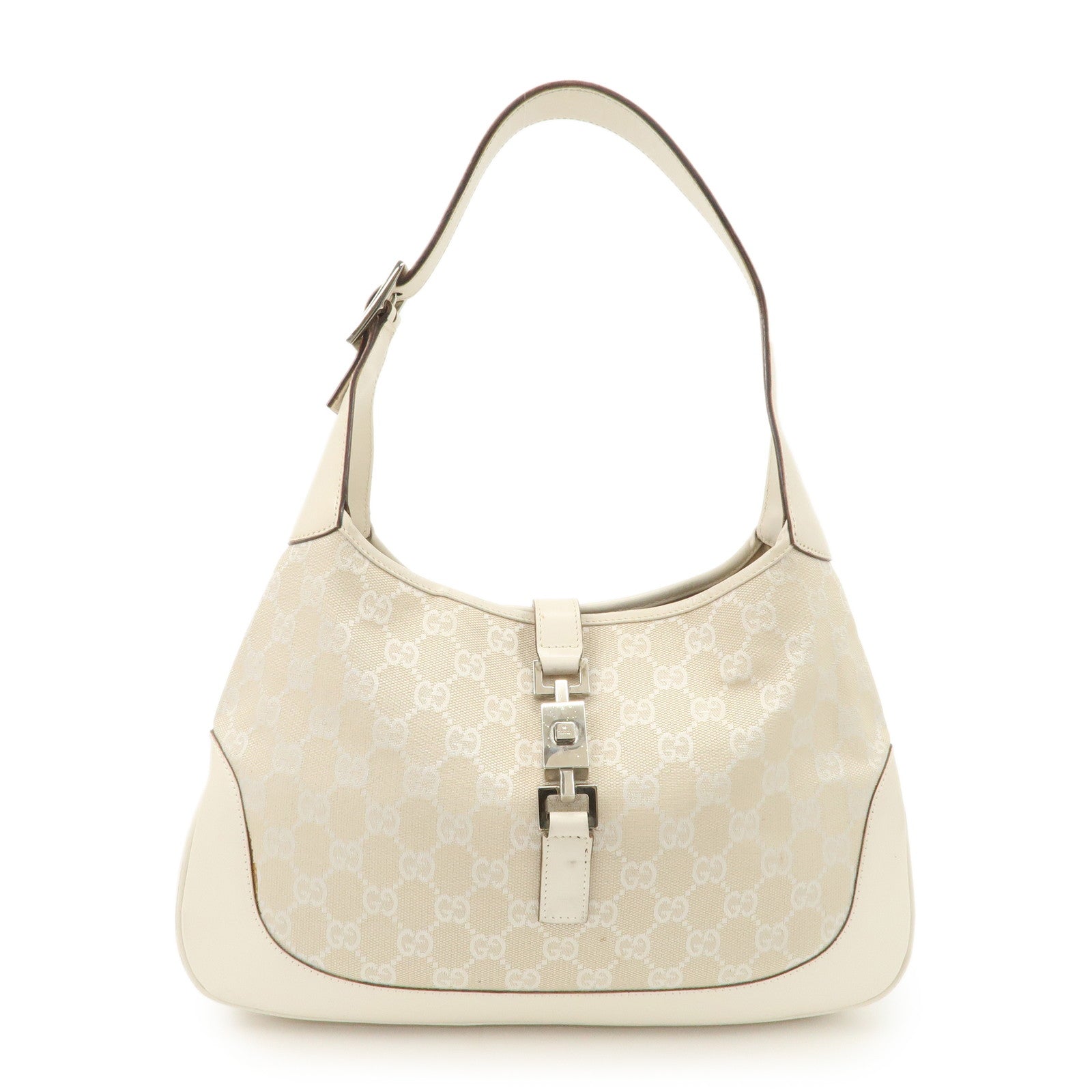 GUCCI Jackie GG Canvas Leather Shoulder Bag Beige White