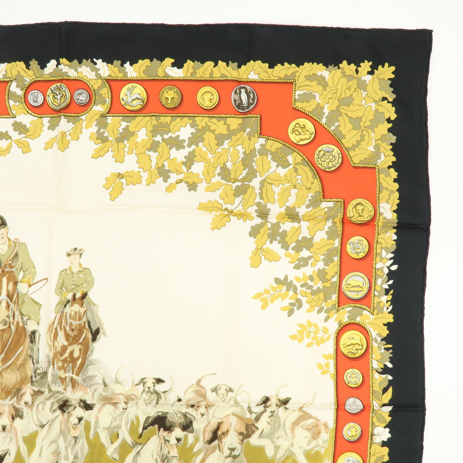 HERMES Carre 90 Silk 100% Scarf Le Debuche Black Red Beige
