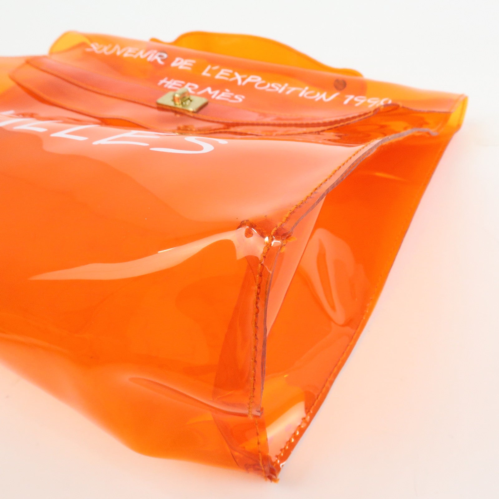 HERMES Kelly Vinyl Hand Bag Clear Transparent Orange