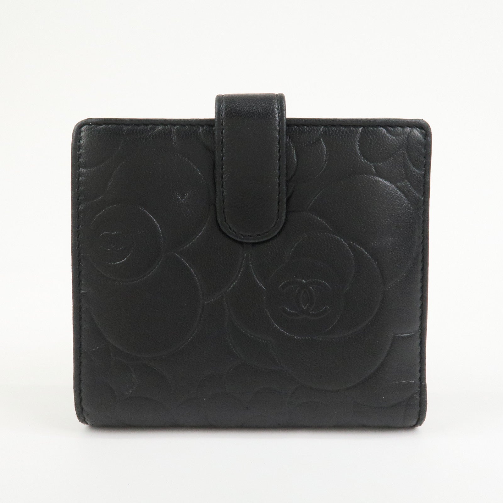 CHANEL Camellia COCO Mark Lamb Skin Compact Wallet Black