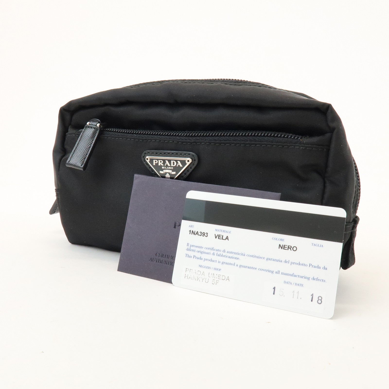 PRADA Triangle Logo Nylon Saffiano Leather Pouch Black 1NA393