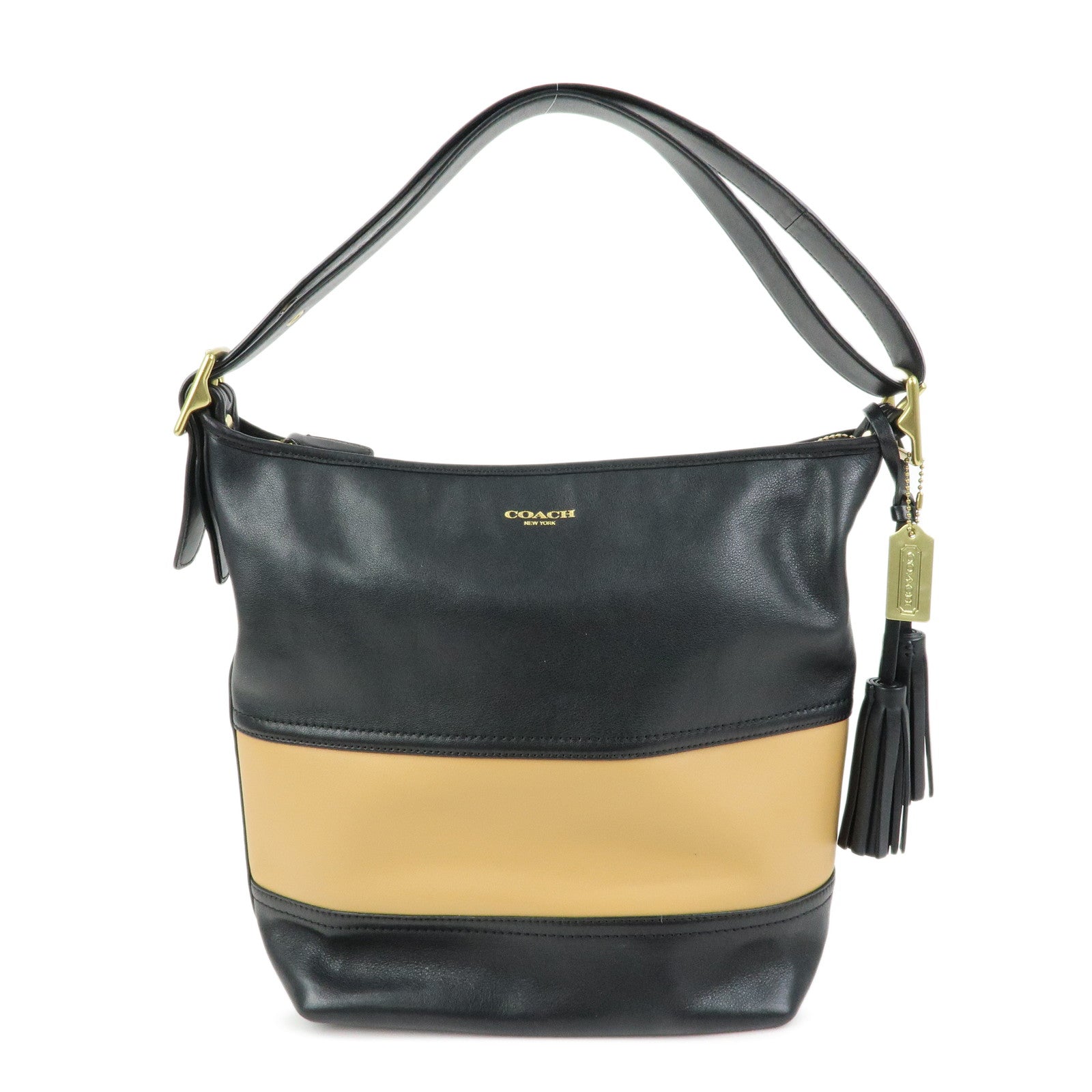 COACH Leather Shoulder Bag Tassel Charm Black Beige
