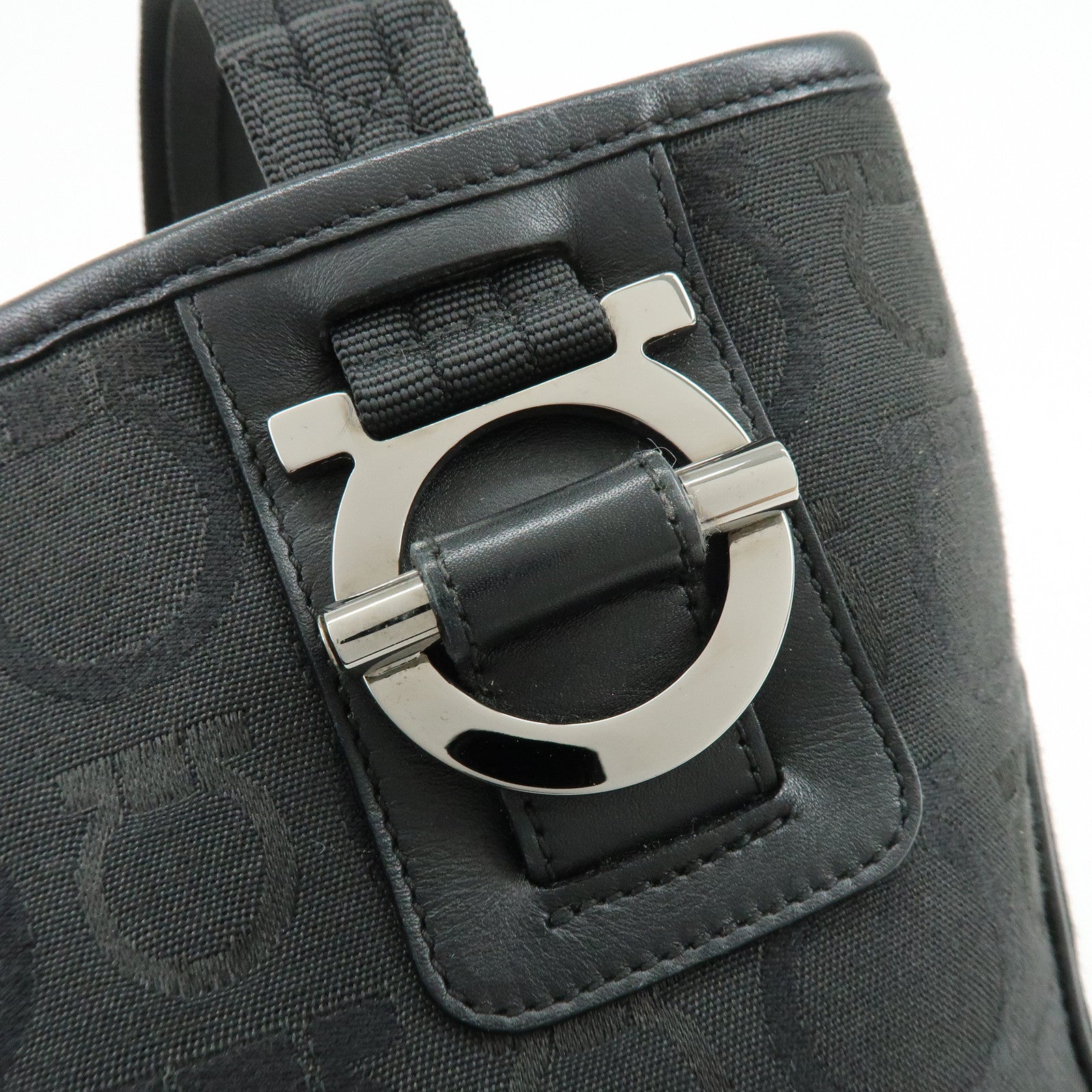 Ferragamo Gancini Canvas Leather Tote Bag Shoulder Bag Black