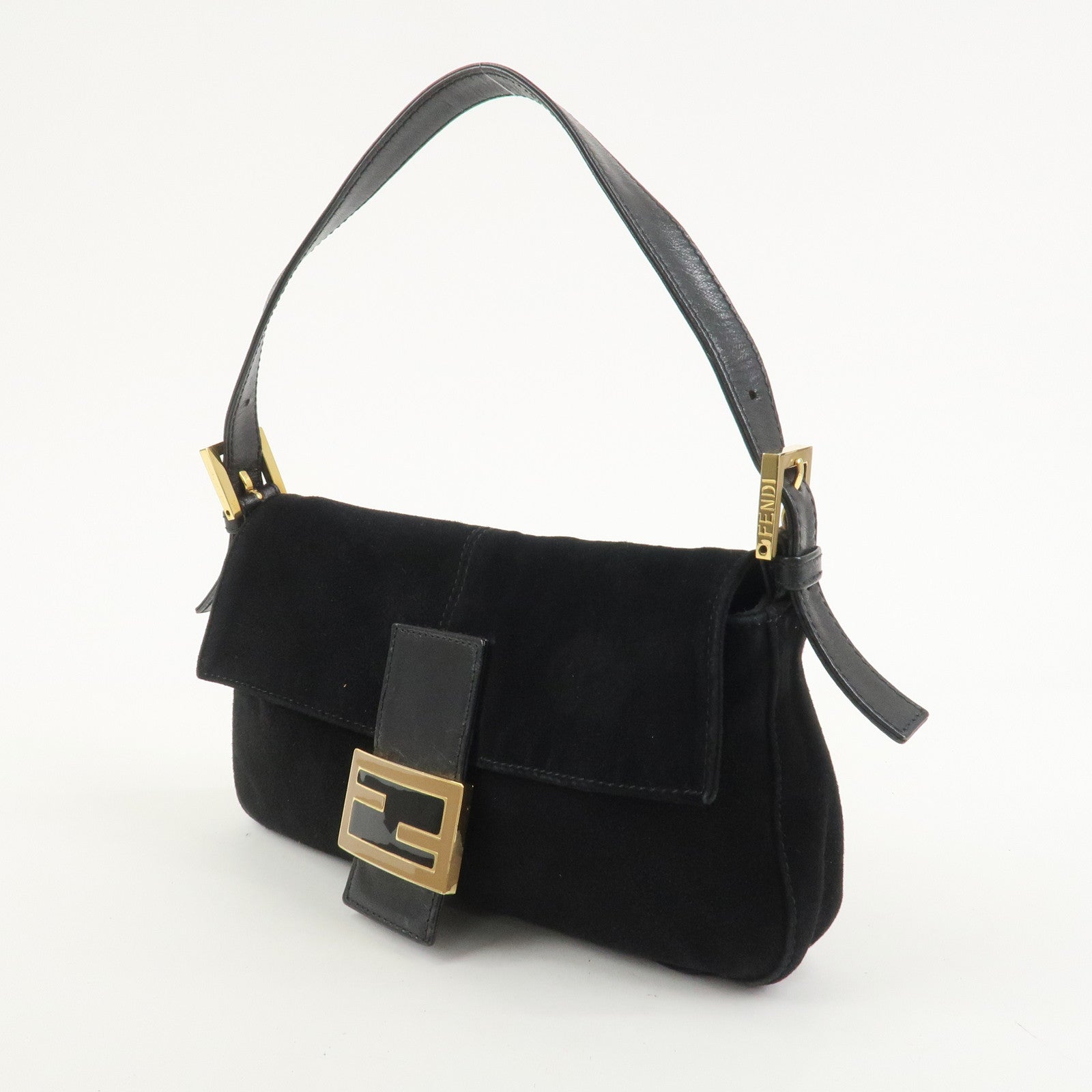 FENDI Mamma Baguette Logo Suede Shoulder Bag Black 26424