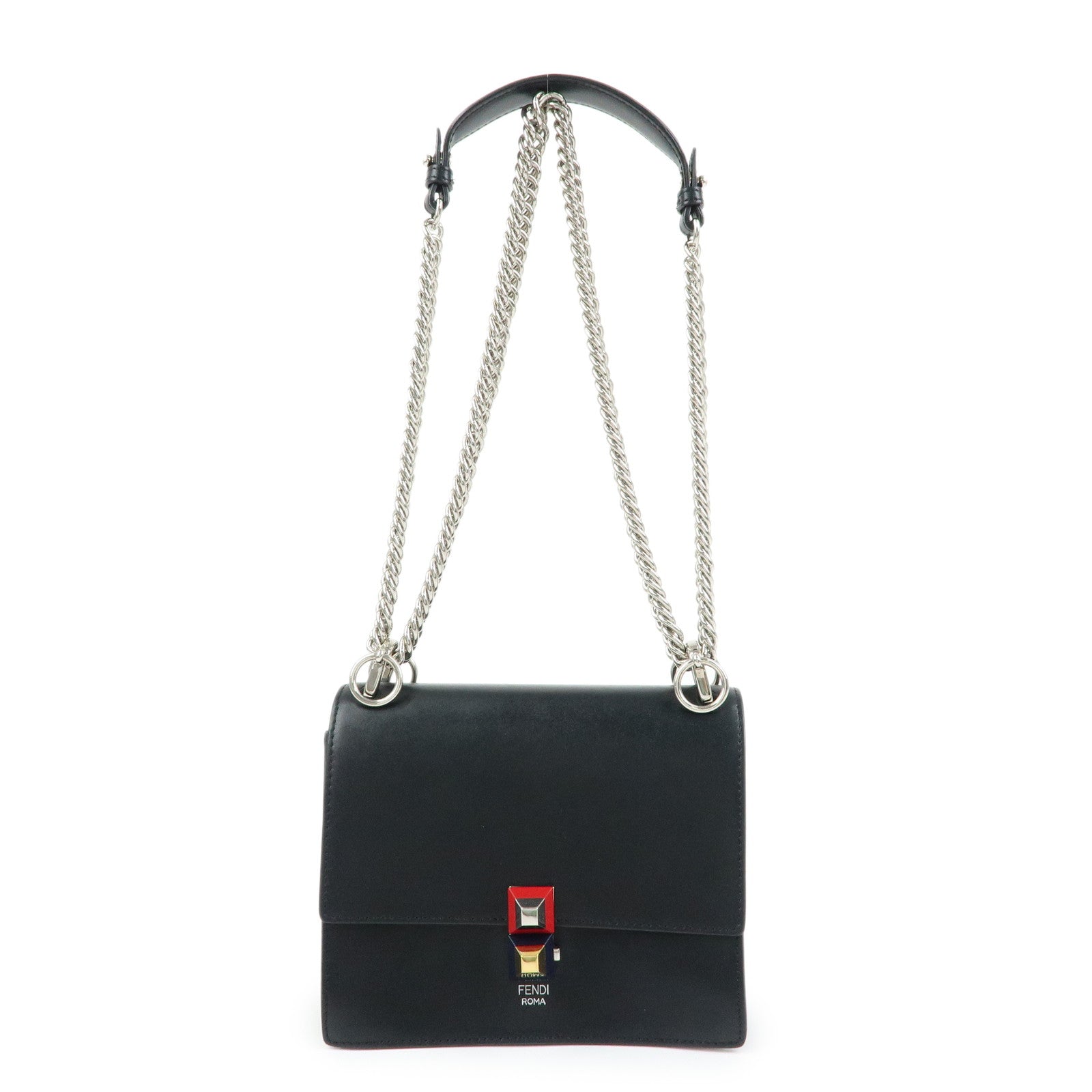 FENDI Kan I Mini Leather Chain Shoulder Crossbody Bag Black 8M0381